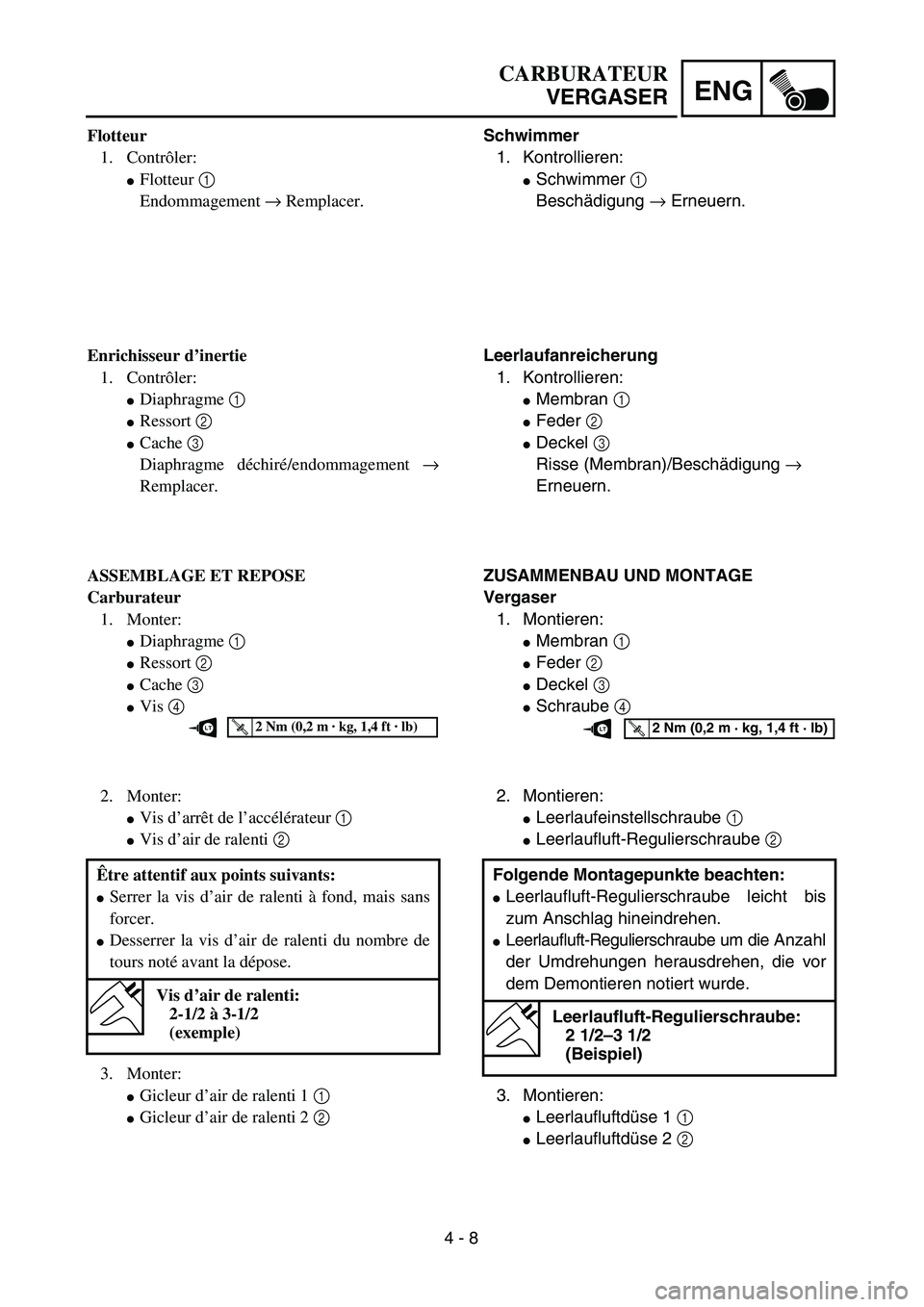 YAMAHA TTR125 2006  Owners Manual 4 - 8
ENG
CARBURATEUR
VERGASER
Schwimmer
1. Kontrollieren:
Schwimmer 1 
Beschädigung → Erneuern.
Leerlaufanreicherung
1. Kontrollieren:
Membran 1 
Feder 2 
Deckel 3 
Risse (Membran)/Beschädigu