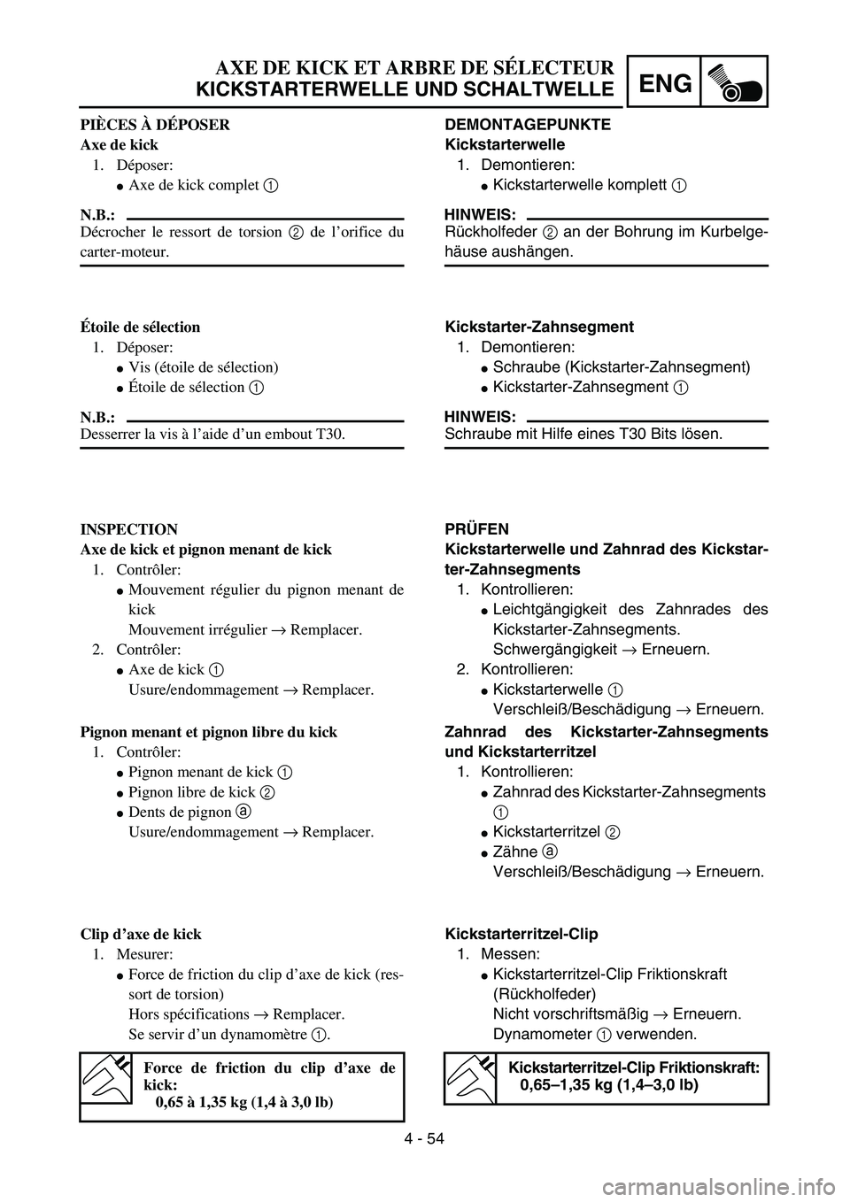 YAMAHA TTR125 2006 Repair Manual 4 - 54
ENG
AXE DE KICK ET ARBRE DE SÉLECTEUR
KICKSTARTERWELLE UND SCHALTWELLE
DEMONTAGEPUNKTE
Kickstarterwelle
1. Demontieren:
Kickstarterwelle komplett 1 
HINWEIS:
Rückholfeder 2 an der Bohrung im