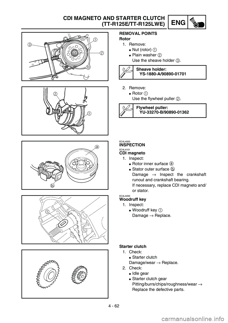 YAMAHA TTR125 2006  Owners Manual 4 - 62
ENG
CDI MAGNETO AND STARTER CLUTCH
(TT-R125E/TT-R125LWE)
REMOVAL POINTS
Rotor
1. Remove:
Nut (rotor) 1 
Plain washer 2 
Use the sheave holder 3.
Sheave holder:
YS-1880-A/90890-01701
2. Remove
