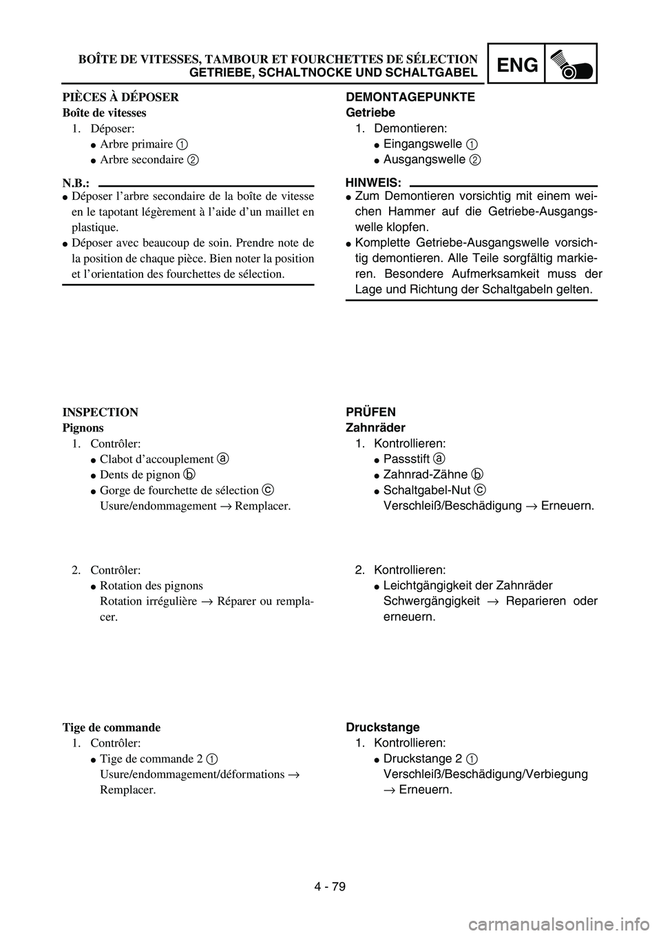 YAMAHA TTR125 2006  Owners Manual 4 - 79
ENG
DEMONTAGEPUNKTE
Getriebe1.  Demontieren:
 Eingangswelle  1 
 Ausgangswelle  2 
HINWEIS:
 Zum Demontieren vorsichtig mit einem wei-
chen Hammer auf die Getriebe-Ausgangs-
welle klopfen.
