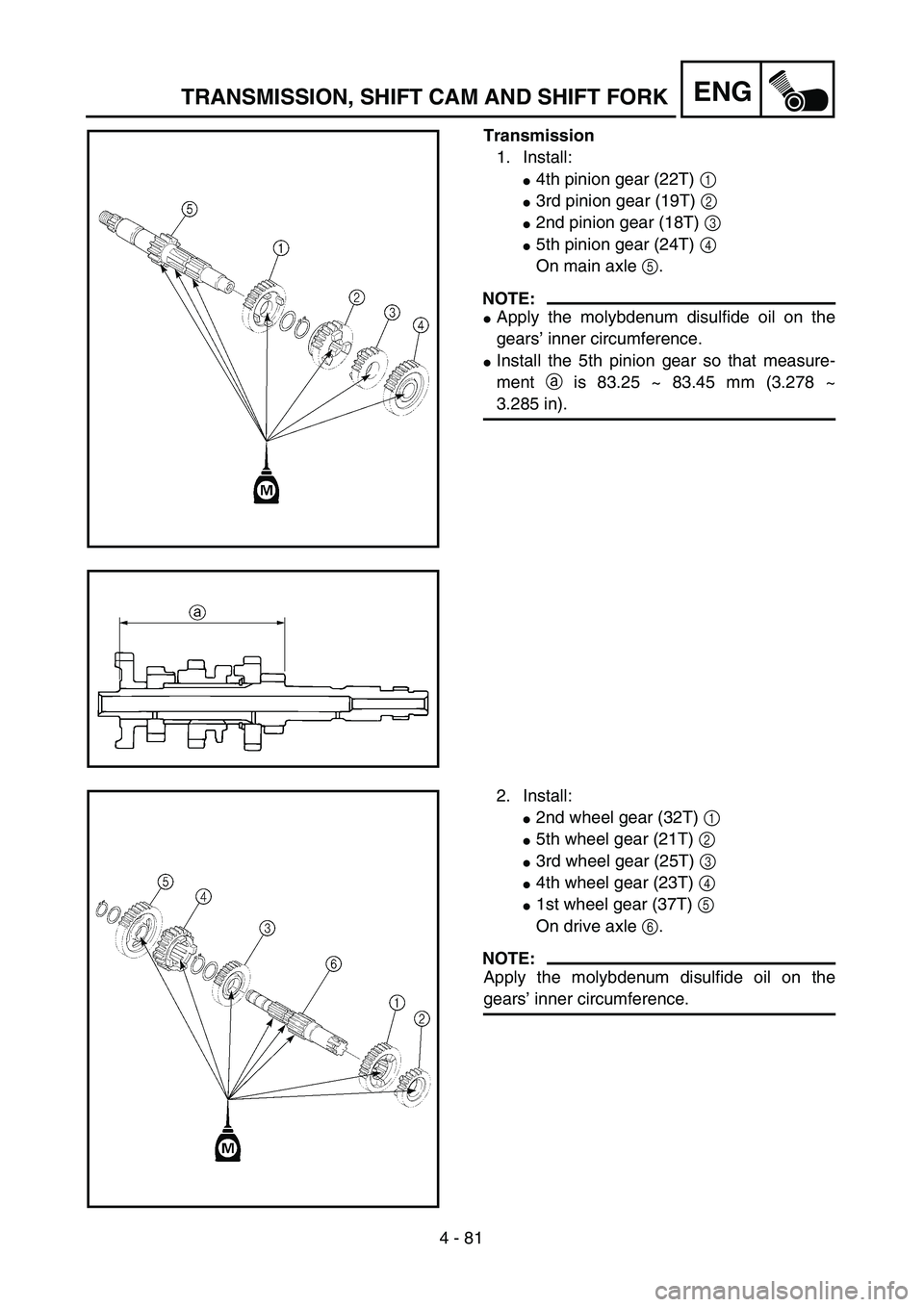 YAMAHA TTR125 2006  Betriebsanleitungen (in German) 4 - 81
ENGTRANSMISSION, SHIFT CAM AND SHIFT FORK
Transmission
1. Install:
4th pinion gear (22T) 1 
3rd pinion gear (19T) 2 
2nd pinion gear (18T) 3 
5th pinion gear (24T) 4 
On main axle 5.
NOTE:
