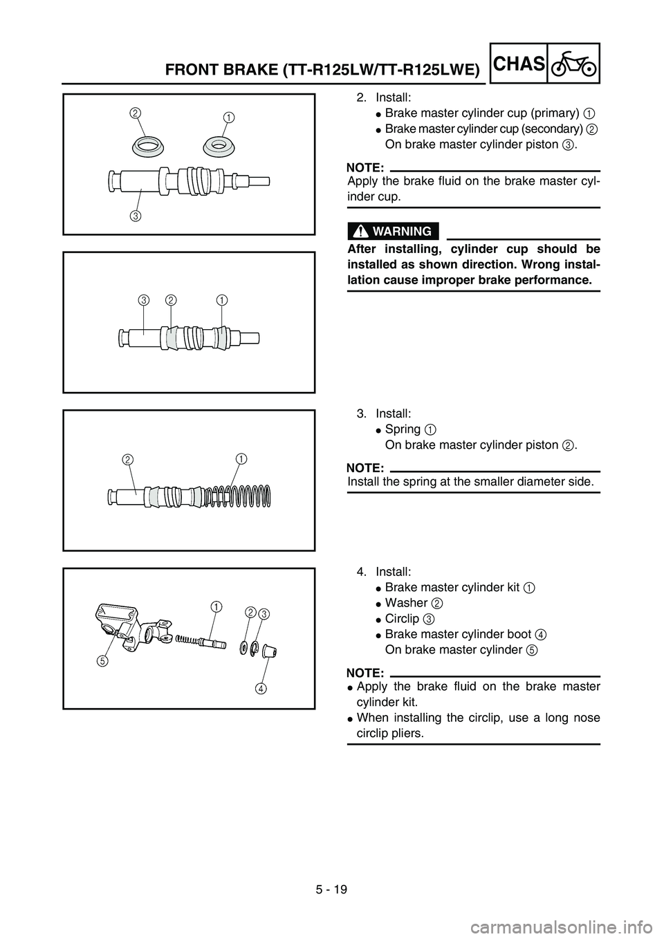 YAMAHA TTR125 2006  Owners Manual 5 - 19
CHASFRONT BRAKE (TT-R125LW/TT-R125LWE)
2. Install:
Brake master cylinder cup (primary) 1 
Brake master cylinder cup (secondary) 2 
On brake master cylinder piston 3.
NOTE:
Apply the brake flu