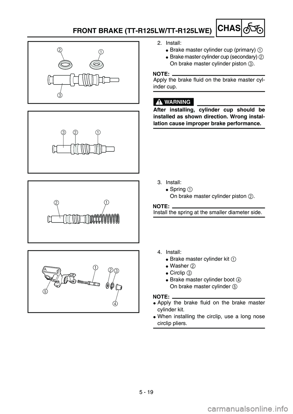 YAMAHA TTR125 2006  Owners Manual 5 - 19
CHASFRONT BRAKE (TT-R125LW/TT-R125LWE)
2. Install:
Brake master cylinder cup (primary) 1 
Brake master cylinder cup (secondary) 2 
On brake master cylinder piston 3.
NOTE:
Apply the brake flu