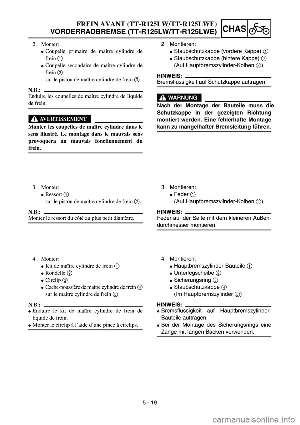 YAMAHA TTR125 2006  Owners Manual 5 - 19
CHAS
2. Montieren:
 Staubschutzkappe (vordere Kappe)  1
 Staubschutzkappe (hintere Kappe) 2
(Auf Hauptbremszylinder-Kolben  3)
HINWEIS:
Bremsfl üssigkeit auf Schutzkappe auftragen.
WARNUNG
N