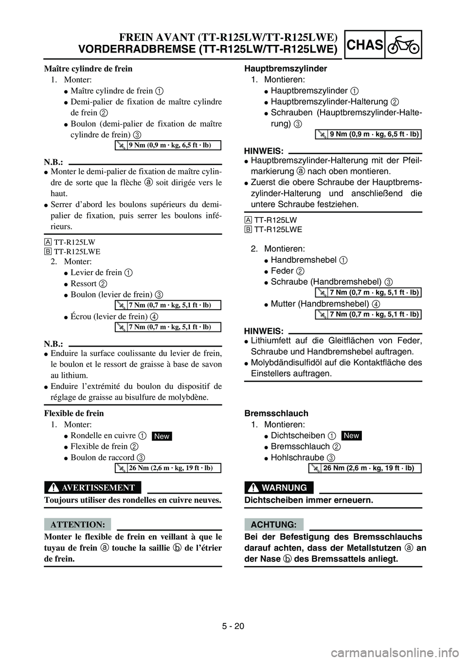 YAMAHA TTR125 2006  Owners Manual 5 - 20
CHAS
Hauptbremszylinder1.  Montieren:
 Hauptbremszylinder  1
 Hauptbremszylinder-Halterung  2
 Schrauben (Hauptbremszylinder-Halte-
rung) 3
HINWEIS:
 Hauptbremszylinder-Halterung mit der Pf