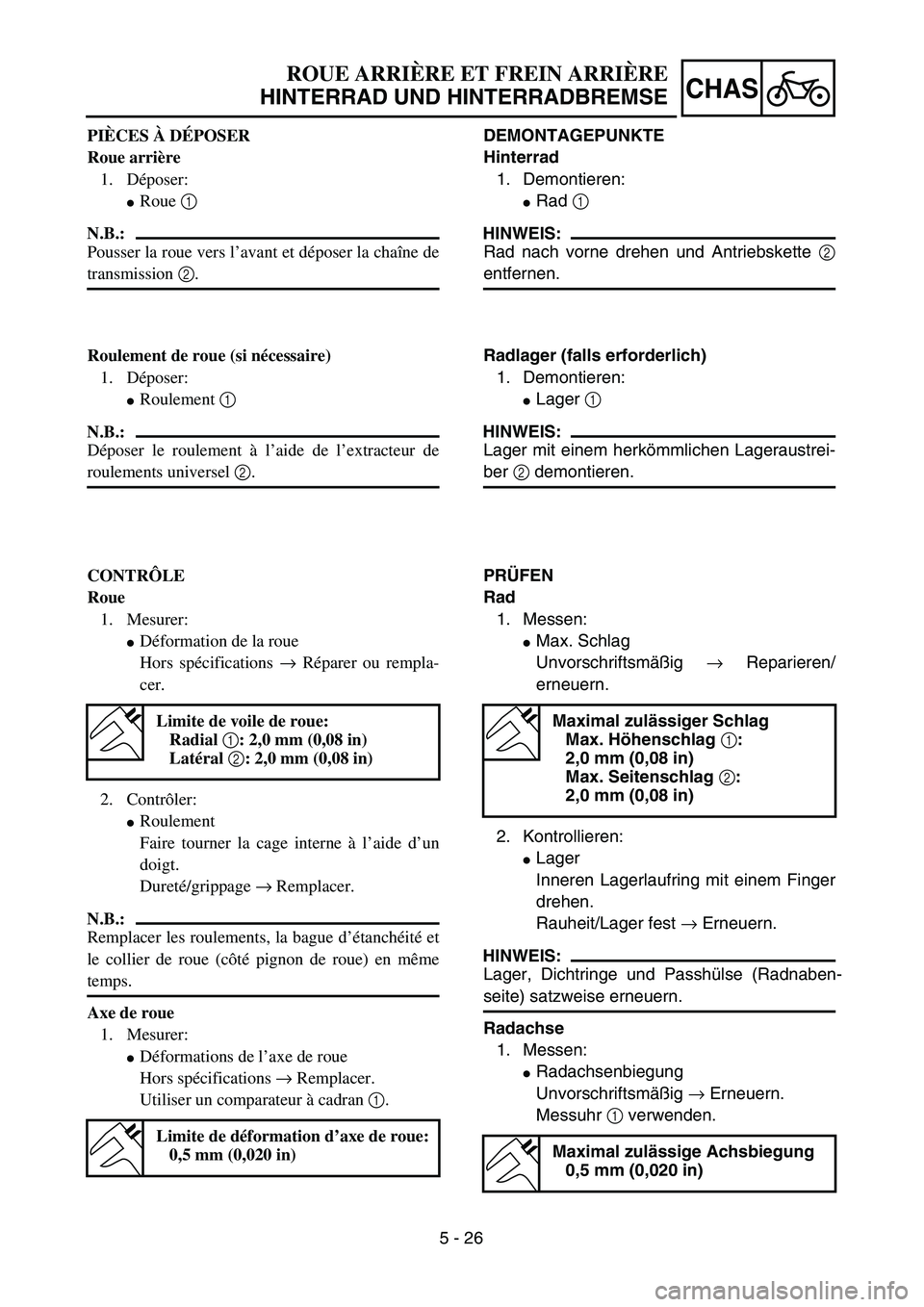 YAMAHA TTR125 2006  Owners Manual 5 - 26
CHAS
ROUE ARRIÈRE ET FREIN ARRI ÈRE
HINTERRAD UND HINTERRADBREMSE
DEMONTAGEPUNKTE
Hinterrad
1.  Demontieren:
 Rad  1 
HINWEIS:
Rad nach vorne drehen und Antriebskette  2
entfernen.
Radlager 