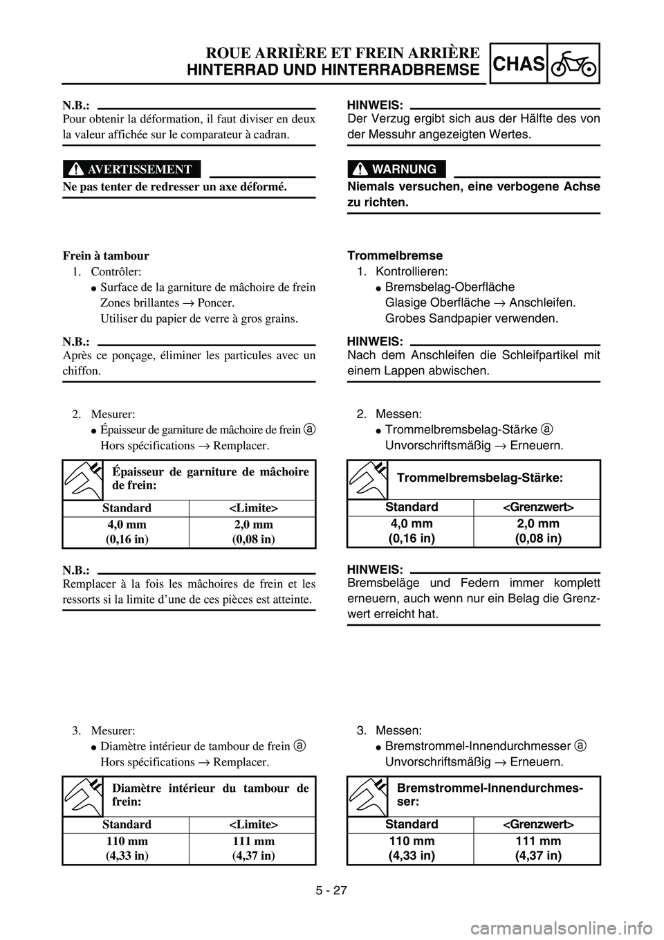 YAMAHA TTR125 2006  Owners Manual 5 - 27
CHAS
ROUE ARRIÈRE ET FREIN ARRI ÈRE
HINTERRAD UND HINTERRADBREMSE
HINWEIS:
Der Verzug ergibt sich aus der H älfte des von
der Messuhr angezeigten Wertes.
WARNUNG
Niemals versuchen, eine verb