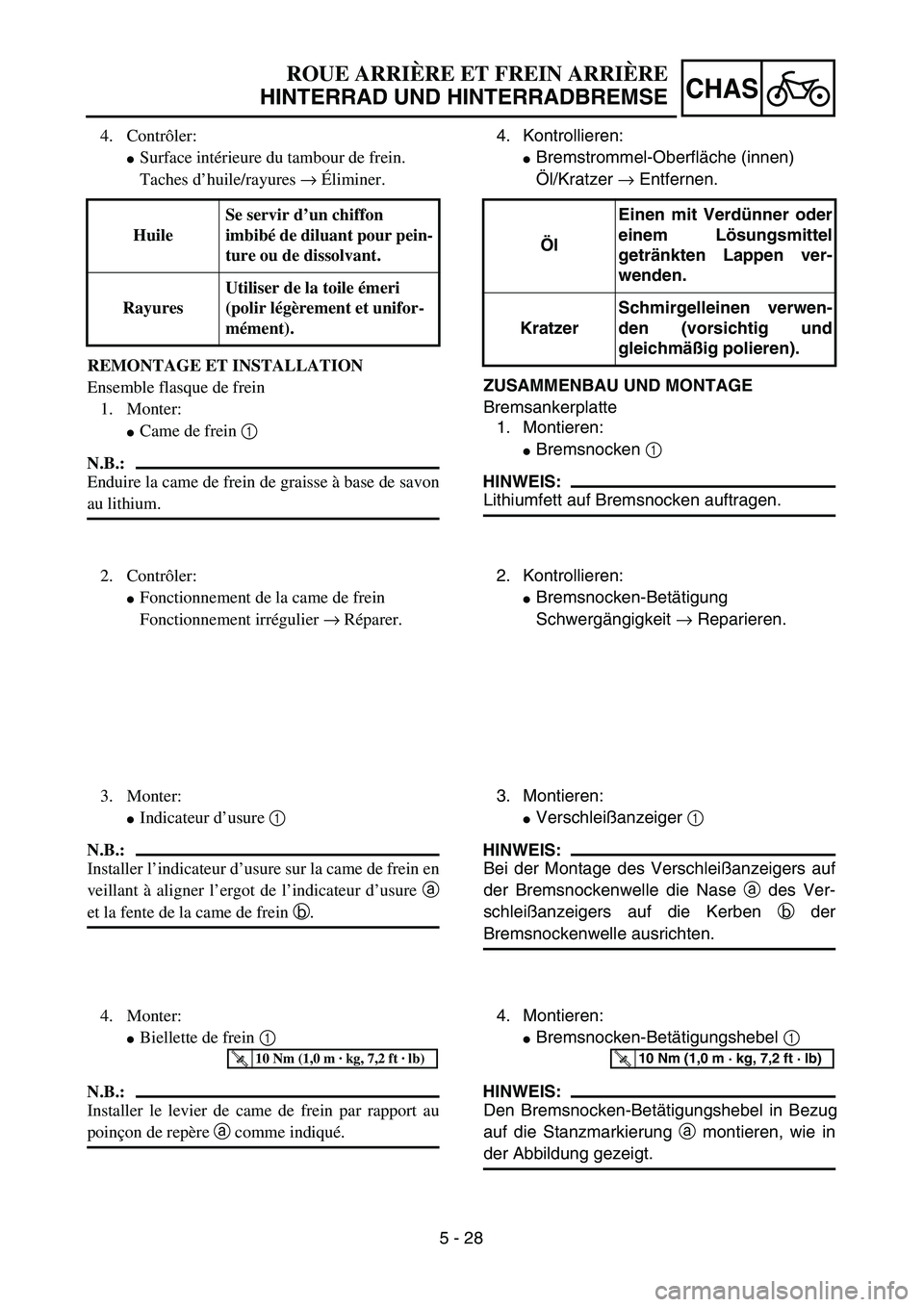 YAMAHA TTR125 2006  Owners Manual 5 - 28
CHAS
4. Kontrollieren:
 Bremstrommel-Oberfl äche (innen)
Ö l/Kratzer  → Entfernen.
ZUSAMMENBAU UND MONTAGE
Bremsankerplatte 1.  Montieren:
 Bremsnocken  1 
HINWEIS:
Lithiumfett auf Bremsn