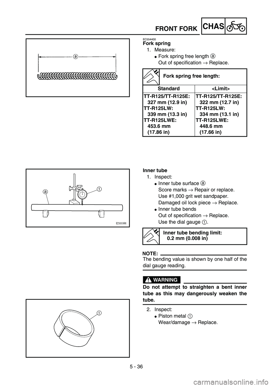 YAMAHA TTR125 2006  Owners Manual 5 - 36
CHASFRONT FORK
EC554400
Fork spring
1. Measure:
Fork spring free length a 
Out of specification → Replace.
Fork spring free length:
Standard <Limit>
TT-R125/TT-R125E:
327 mm (12.9 in)
TT-R12