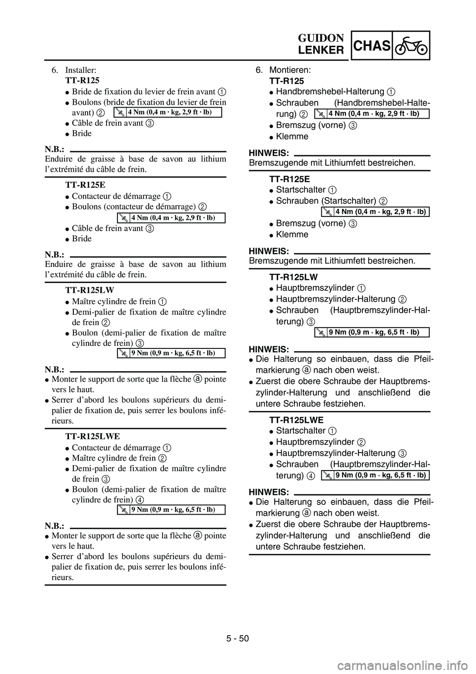 YAMAHA TTR125 2006  Owners Manual 5 - 50
CHAS
6. Montieren:
TT-R125
 Handbremshebel-Halterung  1 
 Schrauben (Handbremshebel-Halte-
rung) 2 
 Bremszug (vorne)  3 
 Klemme
HINWEIS:
Bremszugende mit Lithiumfett bestreichen.
TT-R125E