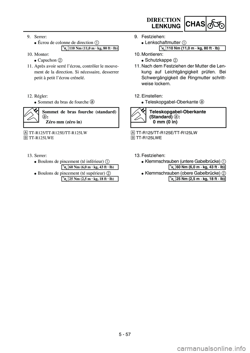 YAMAHA TTR125 2006  Owners Manual 5 - 57
CHAS
9. Festziehen:
Lenkschaftmutter 1 
10. Montieren:
Schutzkappe 2 
11. Nach dem Festziehen der Mutter die Len-
kung auf Leichtgängigkeit prüfen. Bei
Schwergängigkeit die Ringmutter schr