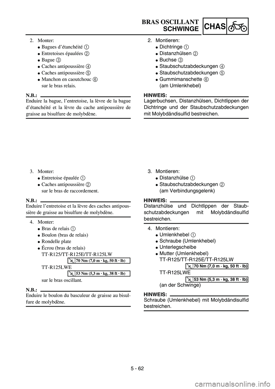 YAMAHA TTR125 2006  Owners Manual 5 - 62
CHAS
2. Montieren:
Dichtringe 1
Distanzhülsen 2
Buchse 3
Staubschutzabdeckungen 4
Staubschutzabdeckungen 5
Gummimanschette 6
(am Umlenkhebel)
HINWEIS:
Lagerbuchsen, Distanzhülsen, Dicht