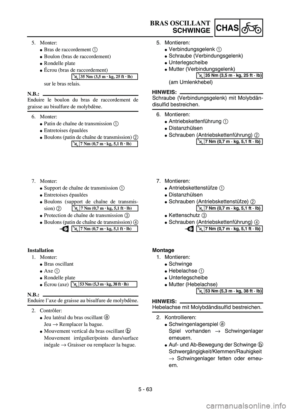YAMAHA TTR125 2006  Owners Manual 5 - 63
CHAS
5. Montieren:
Verbindungsgelenk 1
Schraube (Verbindungsgelenk)
Unterlegscheibe
Mutter (Verbindungsgelenk)
(am Umlenkhebel)
HINWEIS:
Schraube (Verbindungsgelenk) mit Molybdän-
disulfid