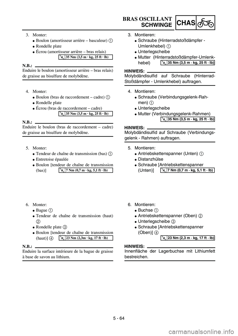 YAMAHA TTR125 2006  Owners Manual 5 - 64
CHAS
3. Montieren:
Schraube (Hinterradstoßdämpfer - 
Umlenkhebel) 1 
Unterlegscheibe
Mutter (Hinterradstoßdämpfer-Umlenk-
hebel)
HINWEIS:
Molybdändisulfid auf Schraube (Hinterrad-
Stoß