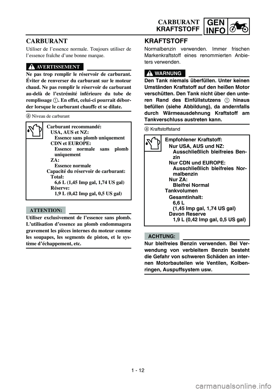 YAMAHA TTR125 2006 Workshop Manual GEN
INFOCARBURANT
KRAFTSTOFF
CARBURANT
Utiliser de l ’essence normale. Toujours utiliser de
l ’ essence fra îche d ’une bonne marque.
AVERTISSEMENT
Ne pas trop remplir le r éservoir de carbura YAMAHA TTR125 2006 Workshop Manual GEN
INFOCARBURANT
KRAFTSTOFF
CARBURANT
Utiliser de l ’essence normale. Toujours utiliser de
l ’ essence fra îche d ’une bonne marque.
AVERTISSEMENT
Ne pas trop remplir le r éservoir de carbura