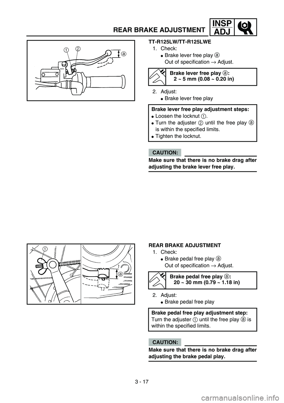YAMAHA TTR125 2005  Notices Demploi (in French) 3 - 17
INSP
ADJ
TT-R125LW/TT-R125LWE
1. Check:
Brake lever free play a 
Out of specification → Adjust.
2. Adjust:
Brake lever free play
CAUTION:
Make sure that there is no brake drag after
adjusti