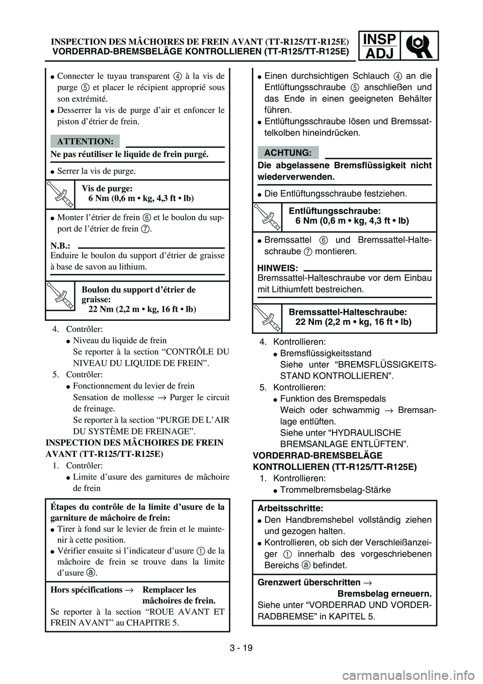 YAMAHA TTR125 2005  Notices Demploi (in French) INSP
ADJINSPECTION DES MÂCHOIRES DE FREIN AVANT (TT-R125/TT-R125E)
VORDERRAD-BREMSBELÄGE KONTROLLIEREN (TT-R125/TT-R125E)
4. Kontrollieren:
Bremsflüssigkeitsstand
Siehe unter “BREMSFLÜSSIGKEITS