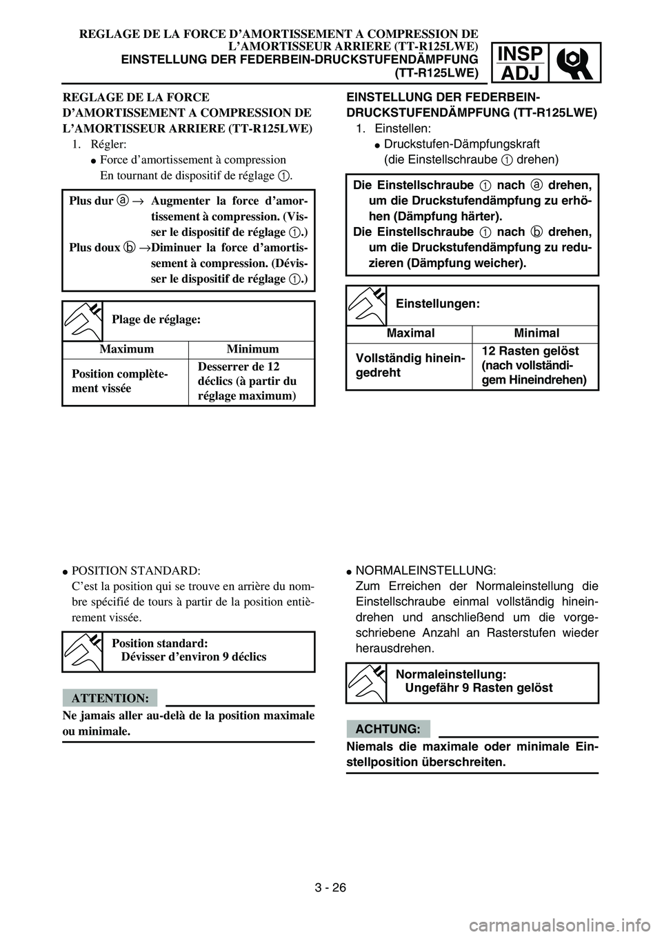 YAMAHA TTR125 2005  Notices Demploi (in French) INSP
ADJ
EINSTELLUNG DER FEDERBEIN-
DRUCKSTUFENDÄMPFUNG (TT-R125LWE)
1. Einstellen:
Druckstufen-Dämpfungskraft
(die Einstellschraube 1 drehen)
Die Einstellschraube 1 nach a drehen,
um die Druckstuf