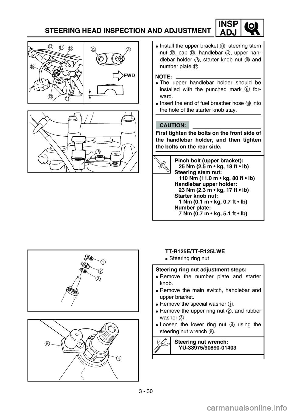 YAMAHA TTR125 2005  Notices Demploi (in French) 3 - 30
INSP
ADJ
STEERING HEAD INSPECTION AND ADJUSTMENT
Install the upper bracket A, steering stem
nut B, cap C, handlebar D, upper han-
dlebar holder E, starter knob nut F and
number plate G.
NOTE:

