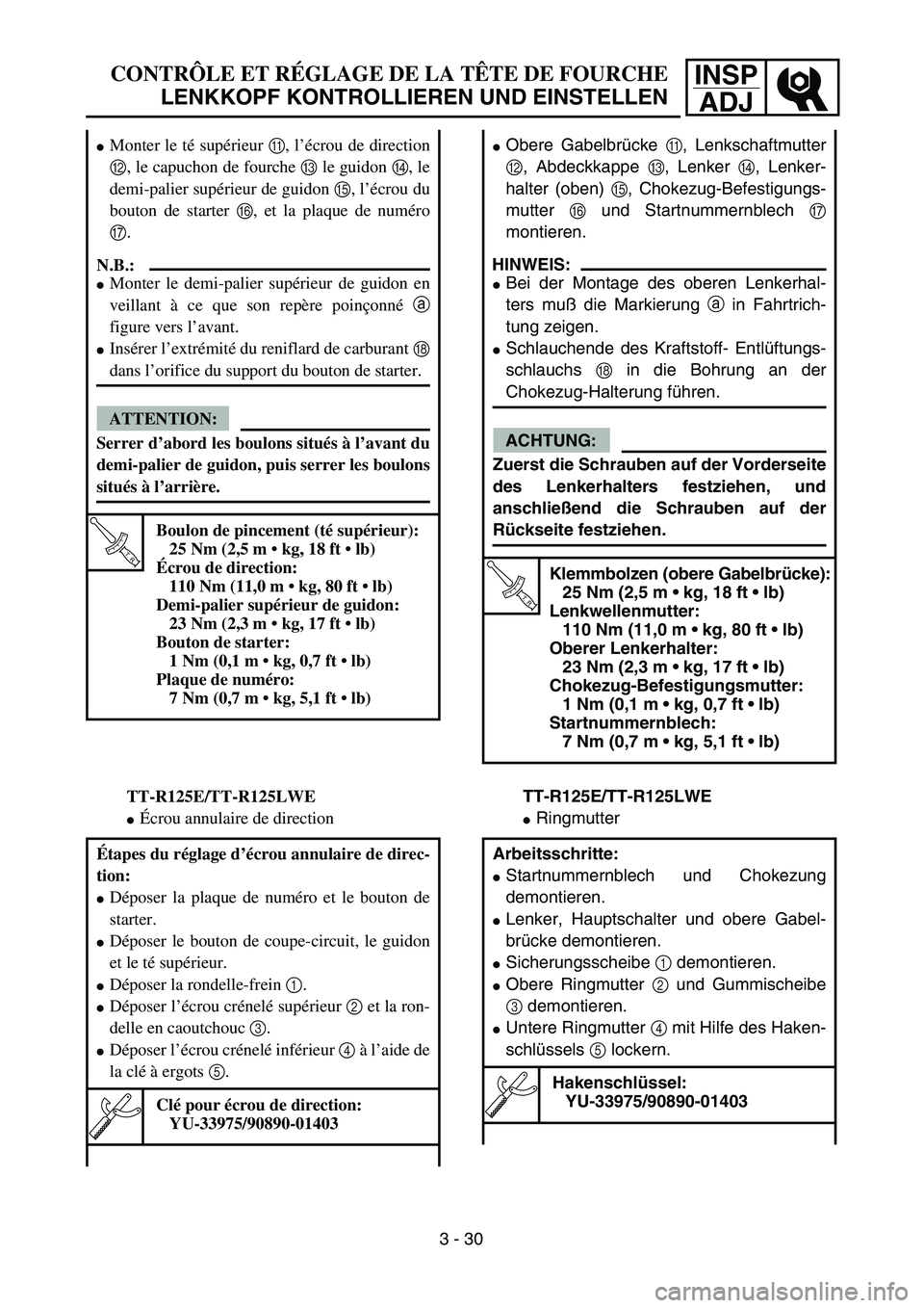 YAMAHA TTR125 2005  Notices Demploi (in French) INSP
ADJCONTRÔLE ET RÉGLAGE DE LA TÊTE DE FOURCHE
LENKKOPF KONTROLLIEREN UND EINSTELLEN
Obere Gabelbrücke A, Lenkschaftmutter
B, Abdeckkappe C, Lenker D, Lenker-
halter (oben) E, Chokezug-Befesti