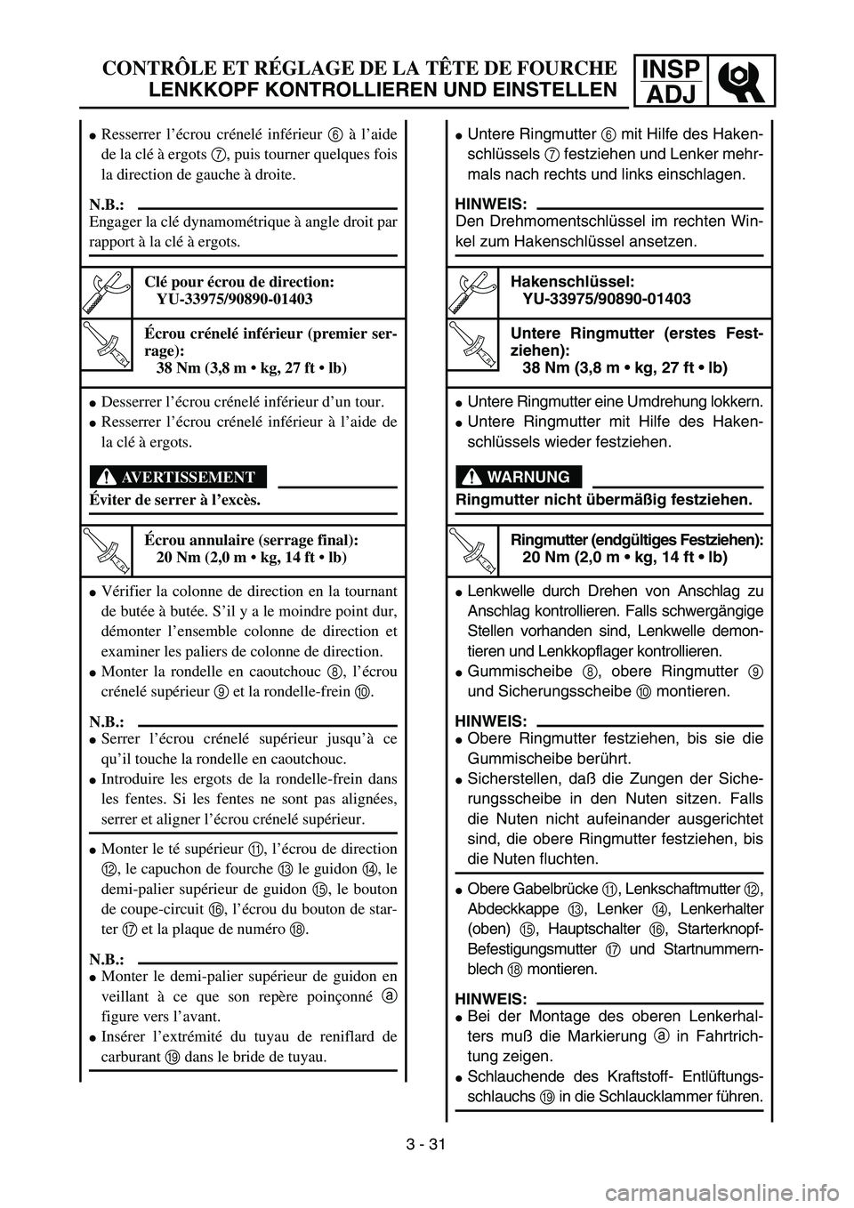 YAMAHA TTR125 2005  Notices Demploi (in French) INSP
ADJCONTRÔLE ET RÉGLAGE DE LA TÊTE DE FOURCHE
LENKKOPF KONTROLLIEREN UND EINSTELLEN
Untere Ringmutter 6 mit Hilfe des Haken-
schlüssels 7 festziehen und Lenker mehr-
mals nach rechts und link
