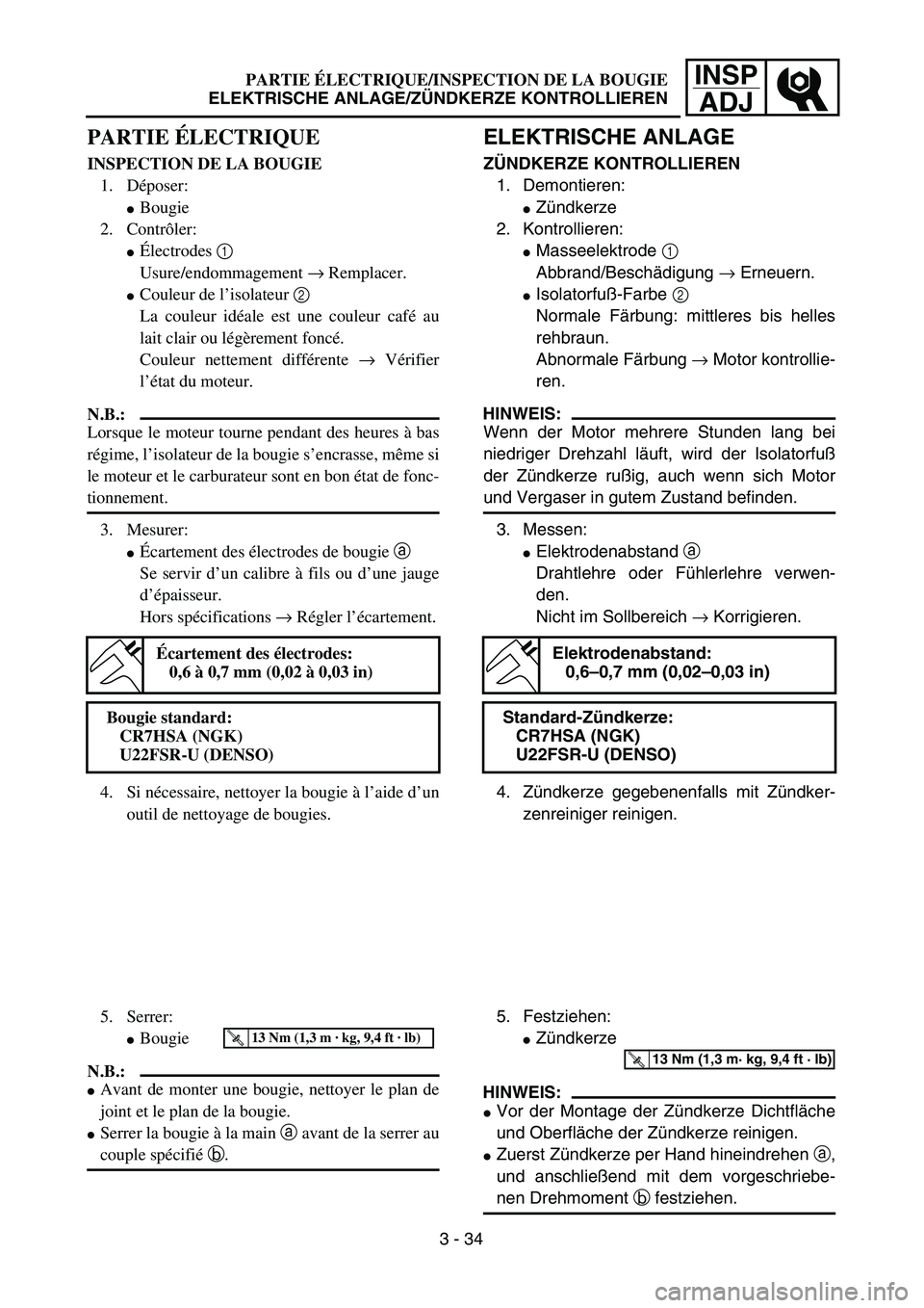 YAMAHA TTR125 2005  Notices Demploi (in French) INSP
ADJPARTIE ÉLECTRIQUE/INSPECTION DE LA BOUGIE
ELEKTRISCHE ANLAGE/ZÜNDKERZE KONTROLLIEREN
ELEKTRISCHE ANLAGE
ZÜNDKERZE KONTROLLIEREN
1. Demontieren:
Zündkerze
2. Kontrollieren:
Masseelektrode