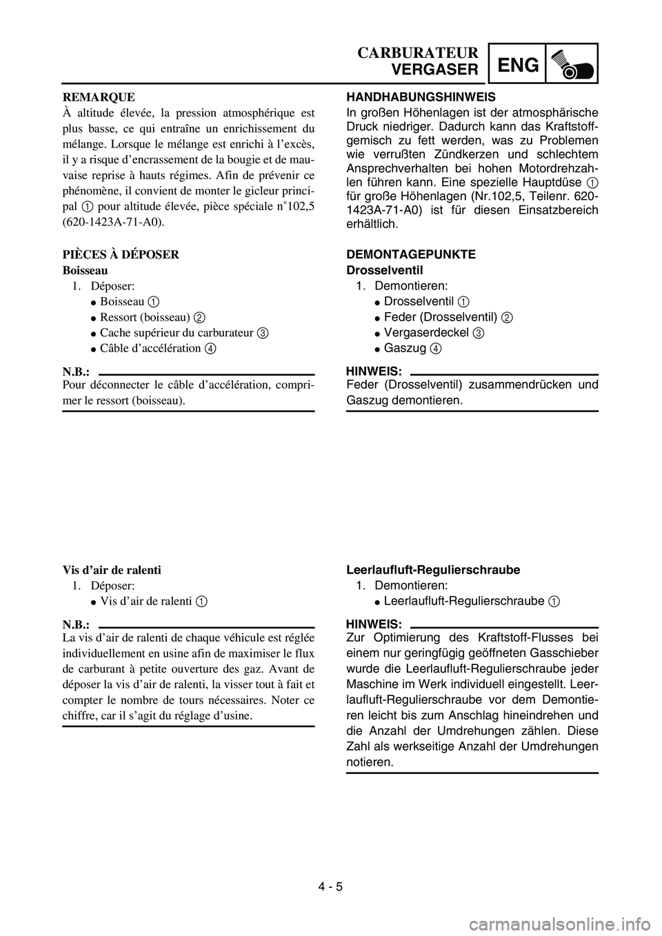 YAMAHA TTR125 2005  Notices Demploi (in French) 4 - 5
ENG
CARBURATEUR
VERGASER
HANDHABUNGSHINWEIS
In großen Höhenlagen ist der atmosphärische
Druck niedriger. Dadurch kann das Kraftstoff-
gemisch zu fett werden, was zu Problemen
wie verrußten Z