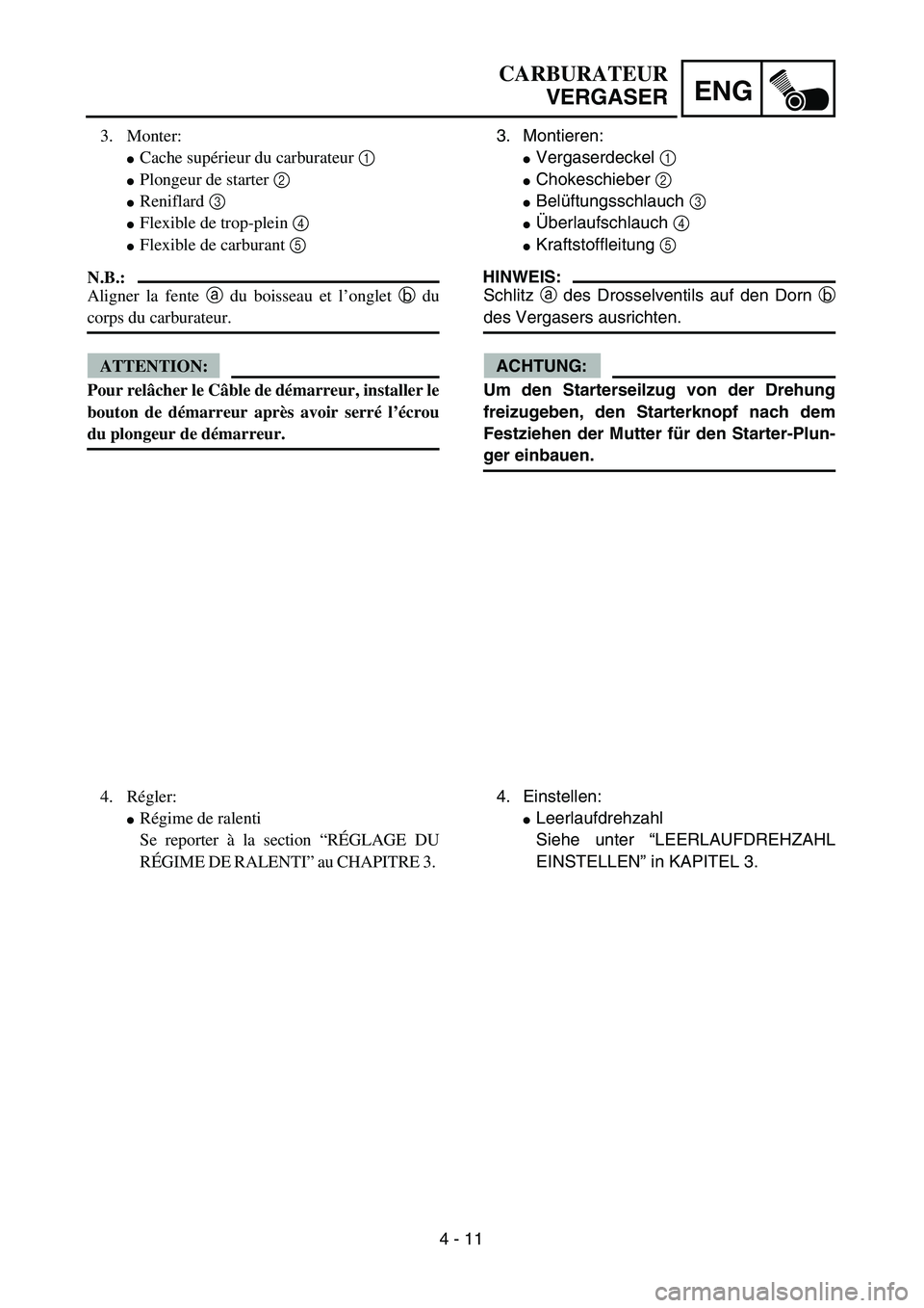 YAMAHA TTR125 2005  Notices Demploi (in French) 4 - 11
ENG
3. Monter:
Cache supérieur du carburateur 1
Plongeur de starter 2
Reniflard 3
Flexible de trop-plein 4
Flexible de carburant 5
N.B.:
Aligner la fente a du boisseau et l’onglet b du
