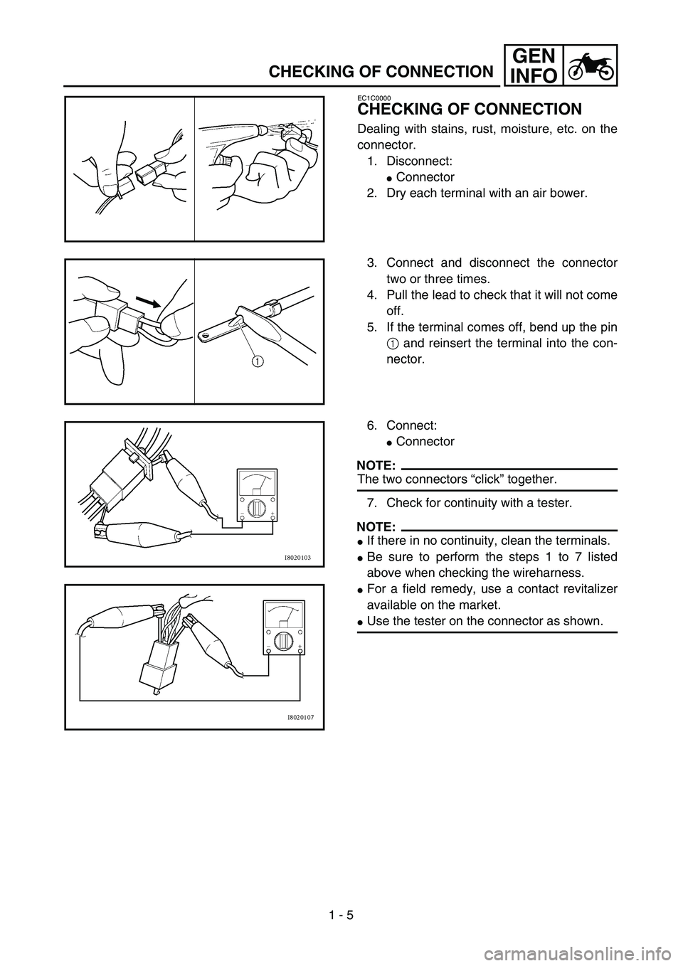 YAMAHA TTR125 2005 Owners Guide 1 - 5
GEN
INFO
CHECKING OF CONNECTION
EC1C0000
CHECKING OF CONNECTION
Dealing with stains, rust, moisture, etc. on the
connector.
1. Disconnect:
Connector
2. Dry each terminal with an air bower.
3. C