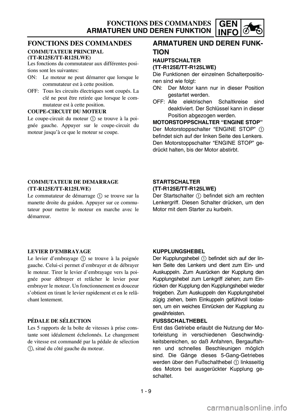 YAMAHA TTR125 2005 Owners Manual GEN
INFOFONCTIONS DES COMMANDES
ARMATUREN UND DEREN FUNKTION
ARMATUREN UND DEREN FUNK-
TION
HAUPTSCHALTER
(TT-R125E/TT-R125LWE)
Die Funktionen der einzelnen Schalterpositio-
nen sind wie folgt:
ON: D YAMAHA TTR125 2005 Owners Manual GEN
INFOFONCTIONS DES COMMANDES
ARMATUREN UND DEREN FUNKTION
ARMATUREN UND DEREN FUNK-
TION
HAUPTSCHALTER
(TT-R125E/TT-R125LWE)
Die Funktionen der einzelnen Schalterpositio-
nen sind wie folgt:
ON: D