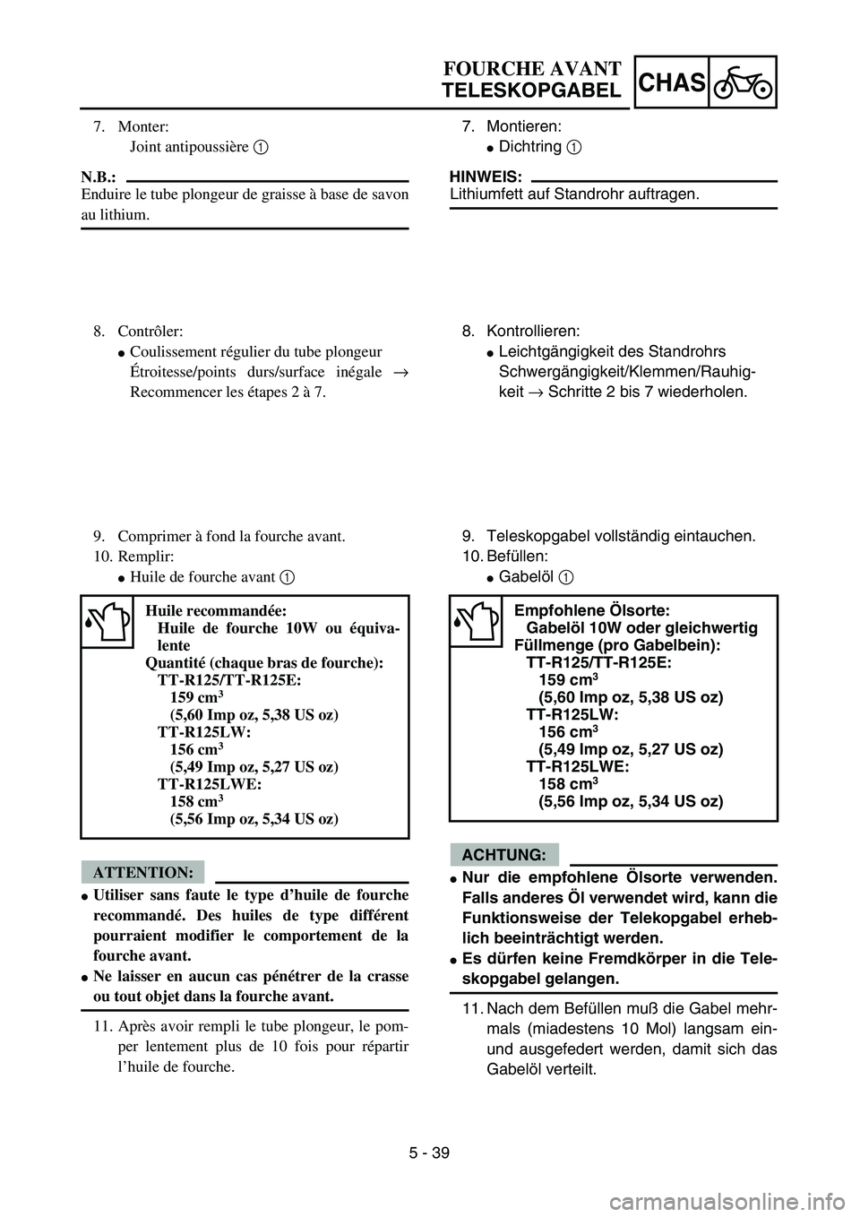 YAMAHA TTR125 2005  Owners Manual 5 - 39
CHAS
7. Montieren:
Dichtring 1 
HINWEIS:
Lithiumfett auf Standrohr auftragen.
8. Kontrollieren:
Leichtgängigkeit des Standrohrs
Schwergängigkeit/Klemmen/Rauhig-
keit → Schritte 2 bis 7 wi