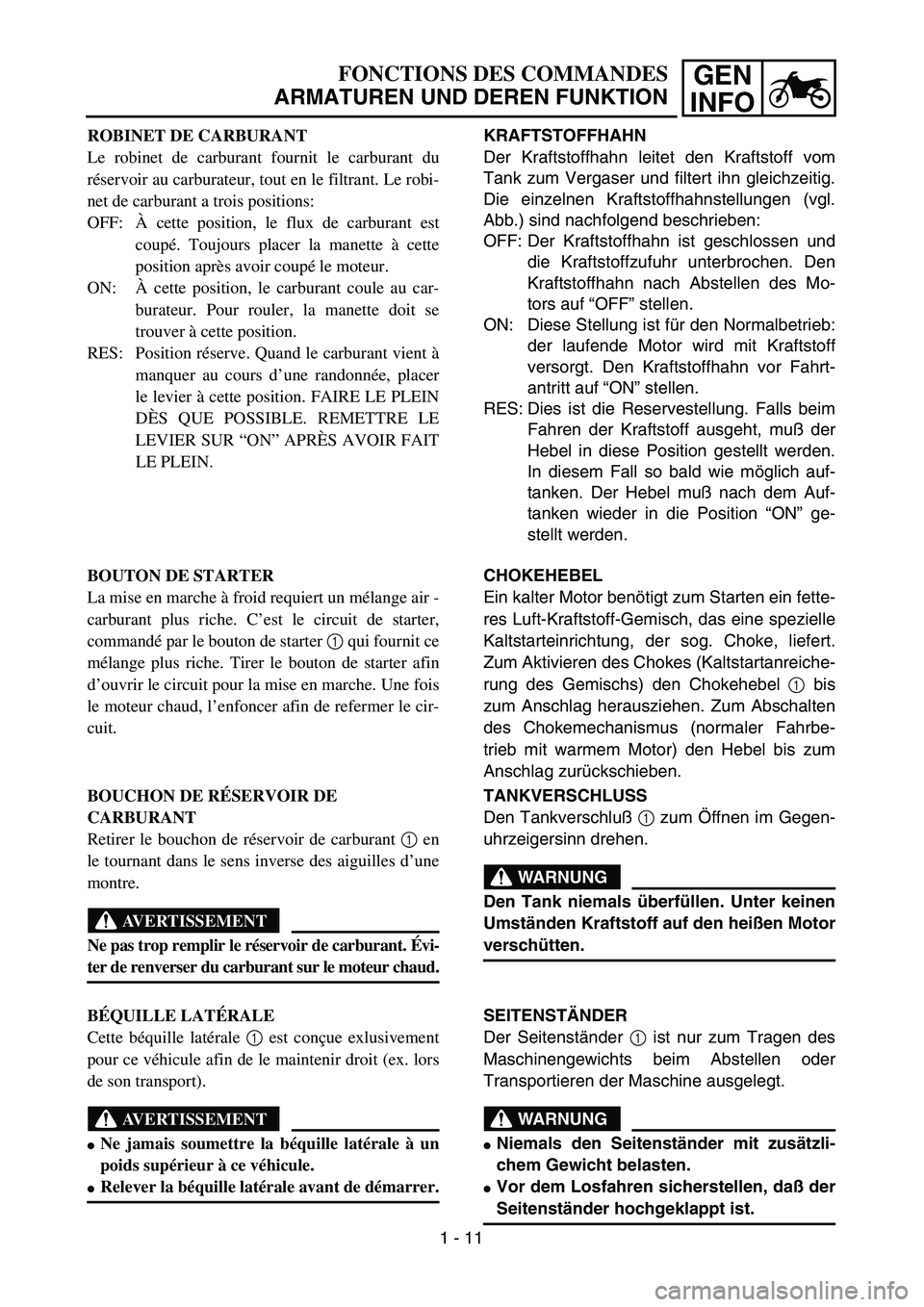 YAMAHA TTR125 2005 Betriebsanleitungen (in German) GEN
INFOFONCTIONS DES COMMANDES
ARMATUREN UND DEREN FUNKTION
KRAFTSTOFFHAHN
Der Kraftstoffhahn leitet den Kraftstoff vom
Tank zum Vergaser und filtert ihn gleichzeitig.
Die einzelnen Kraftstoffhahnste YAMAHA TTR125 2005 Betriebsanleitungen (in German) GEN
INFOFONCTIONS DES COMMANDES
ARMATUREN UND DEREN FUNKTION
KRAFTSTOFFHAHN
Der Kraftstoffhahn leitet den Kraftstoff vom
Tank zum Vergaser und filtert ihn gleichzeitig.
Die einzelnen Kraftstoffhahnste