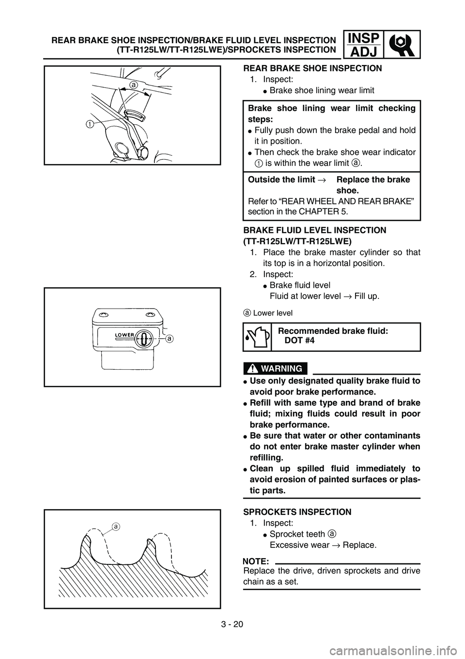 YAMAHA TTR125 2004  Owners Manual 3 - 20
INSP
ADJ
REAR BRAKE SHOE INSPECTION
1. Inspect:
Brake shoe lining wear limit
BRAKE FLUID LEVEL INSPECTION
(TT-R125LW/TT-R125LWE)
1. Place the brake master cylinder so that
its top is in a hori