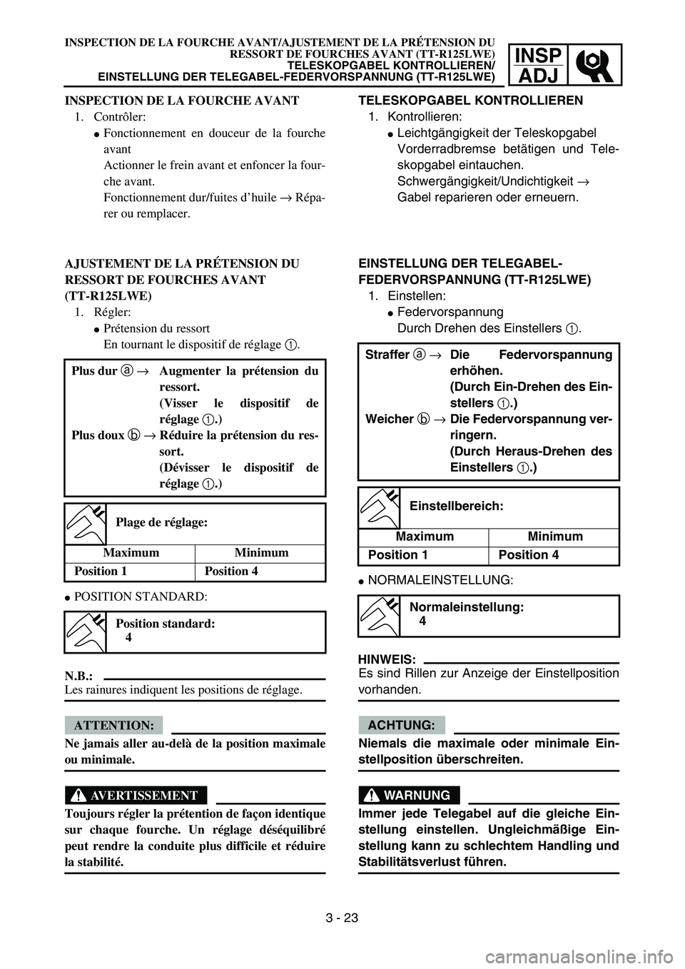 YAMAHA TTR125 2004  Owners Manual INSP
ADJ
TELESKOPGABEL KONTROLLIEREN
1. Kontrollieren:
Leichtgängigkeit der Teleskopgabel
Vorderradbremse betätigen und Tele-
skopgabel eintauchen.
Schwergängigkeit/Undichtigkeit → 
Gabel repari
