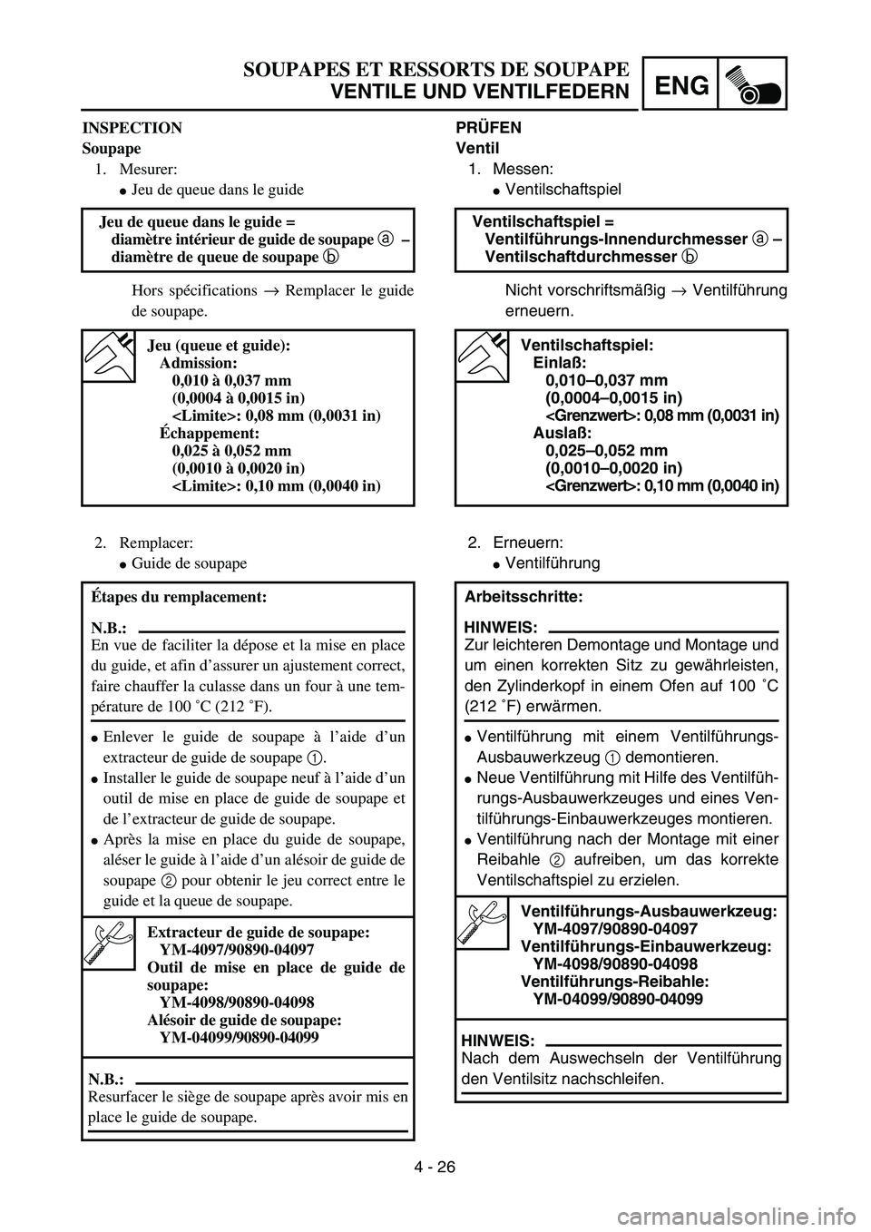 YAMAHA TTR125 2004  Owners Manual 4 - 26
ENG
SOUPAPES ET RESSORTS DE SOUPAPE
VENTILE UND VENTILFEDERN
PRÜFEN
Ventil
1. Messen:
Ventilschaftspiel
Nicht vorschriftsmäßig → Ventilführung
erneuern. Ventilschaftspiel =
Ventilführun