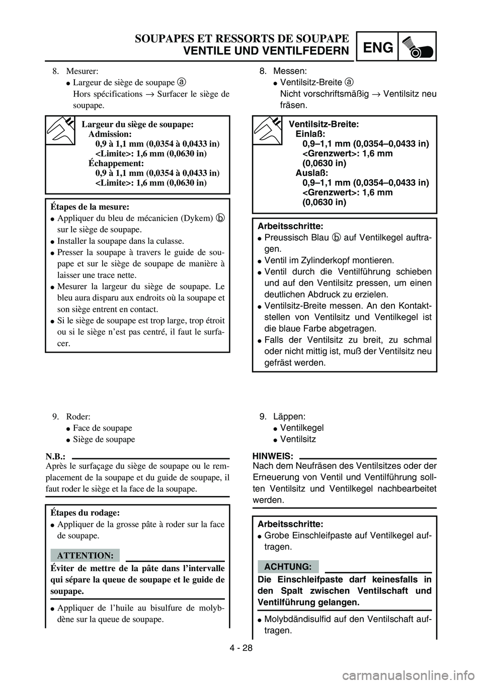 YAMAHA TTR125 2004  Owners Manual 4 - 28
ENG
SOUPAPES ET RESSORTS DE SOUPAPE
VENTILE UND VENTILFEDERN
8. Messen:
Ventilsitz-Breite a 
Nicht vorschriftsmäßig → Ventilsitz neu
fräsen.
Ventilsitz-Breite:
Einlaß:
0,9–1,1 mm (0,03