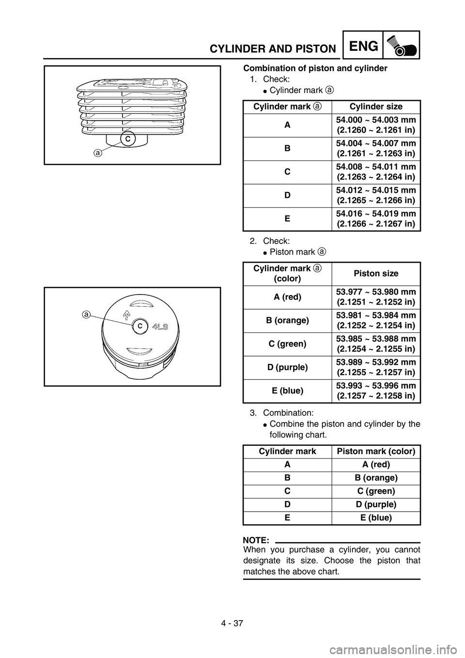 YAMAHA TTR125 2004  Owners Manual 4 - 37
ENGCYLINDER AND PISTON
Combination of piston and cylinder
1. Check:
Cylinder mark a 
2. Check:
Piston mark a 
3. Combination:
Combine the piston and cylinder by the
following chart.
NOTE:
Wh