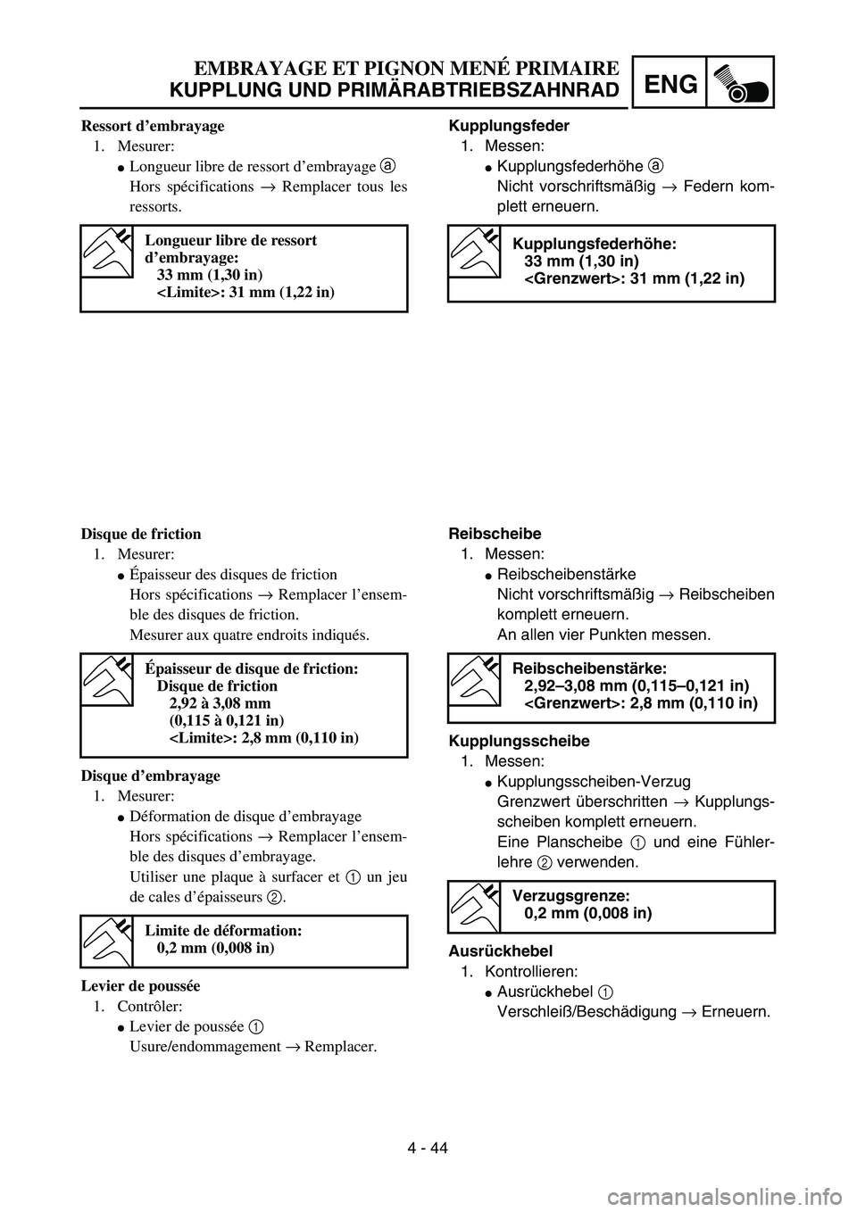 YAMAHA TTR125 2004  Owners Manual 4 - 44
ENG
EMBRAYAGE ET PIGNON MENÉ PRIMAIRE
KUPPLUNG UND PRIMÄRABTRIEBSZAHNRAD
Kupplungsfeder
1. Messen:
Kupplungsfederhöhe a 
Nicht vorschriftsmäßig → Federn kom-
plett erneuern.
Kupplungsfe