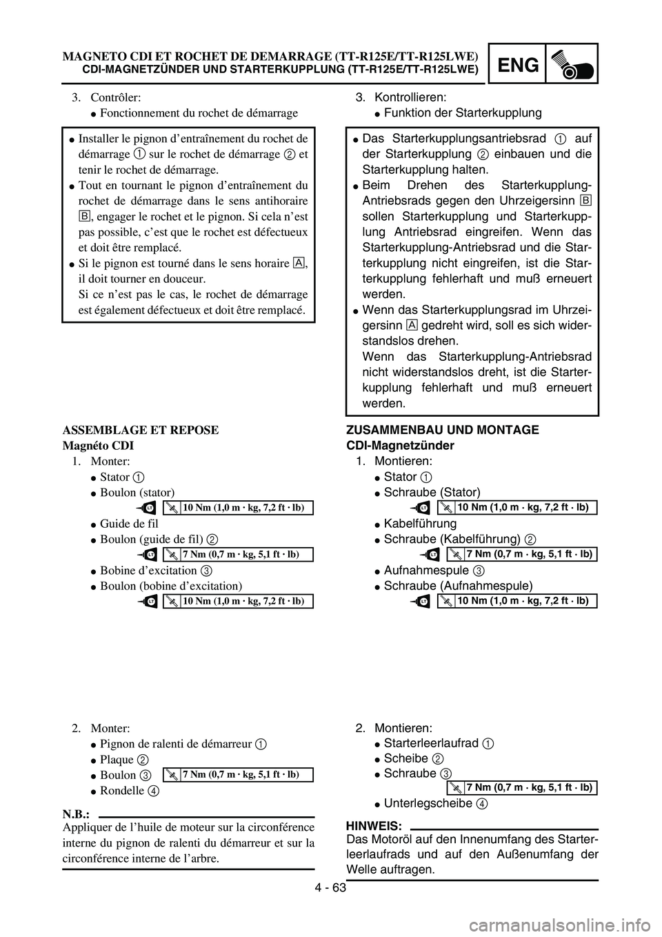 YAMAHA TTR125 2004  Owners Manual 4 - 63
ENG
3. Kontrollieren:
Funktion der Starterkupplung 
ZUSAMMENBAU UND MONTAGE
CDI-Magnetzünder
1. Montieren:
Stator 1 
Schraube (Stator)
Kabelführung
Schraube (Kabelführung) 2 
Aufnahmes
