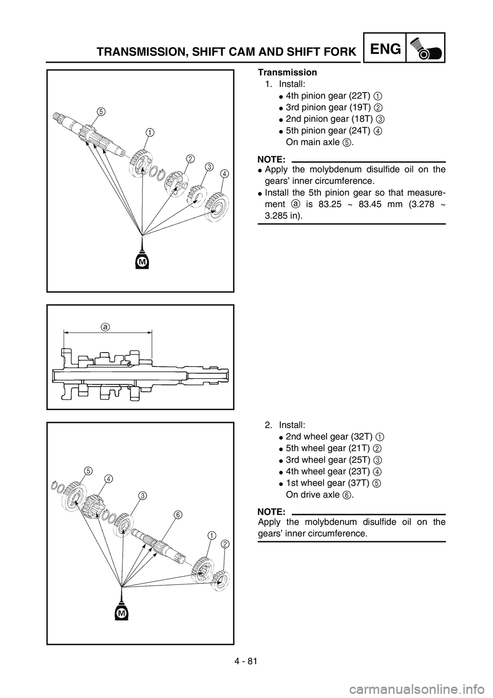 YAMAHA TTR125 2004  Owners Manual 4 - 81
ENGTRANSMISSION, SHIFT CAM AND SHIFT FORK
Transmission
1. Install:
4th pinion gear (22T) 1 
3rd pinion gear (19T) 2 
2nd pinion gear (18T) 3 
5th pinion gear (24T) 4 
On main axle 5.
NOTE:
