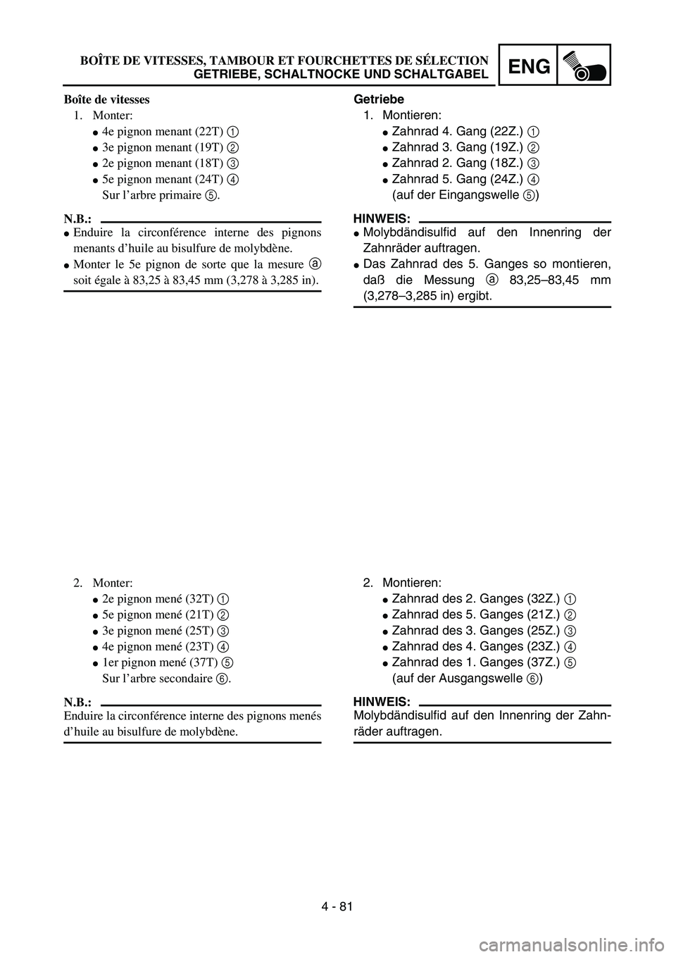 YAMAHA TTR125 2004  Notices Demploi (in French) 4 - 81
ENG
Getriebe
1. Montieren:
Zahnrad 4. Gang (22Z.) 1 
Zahnrad 3. Gang (19Z.) 2 
Zahnrad 2. Gang (18Z.) 3 
Zahnrad 5. Gang (24Z.) 4 
(auf der Eingangswelle 5)
HINWEIS:
Molybdändisulfid auf 