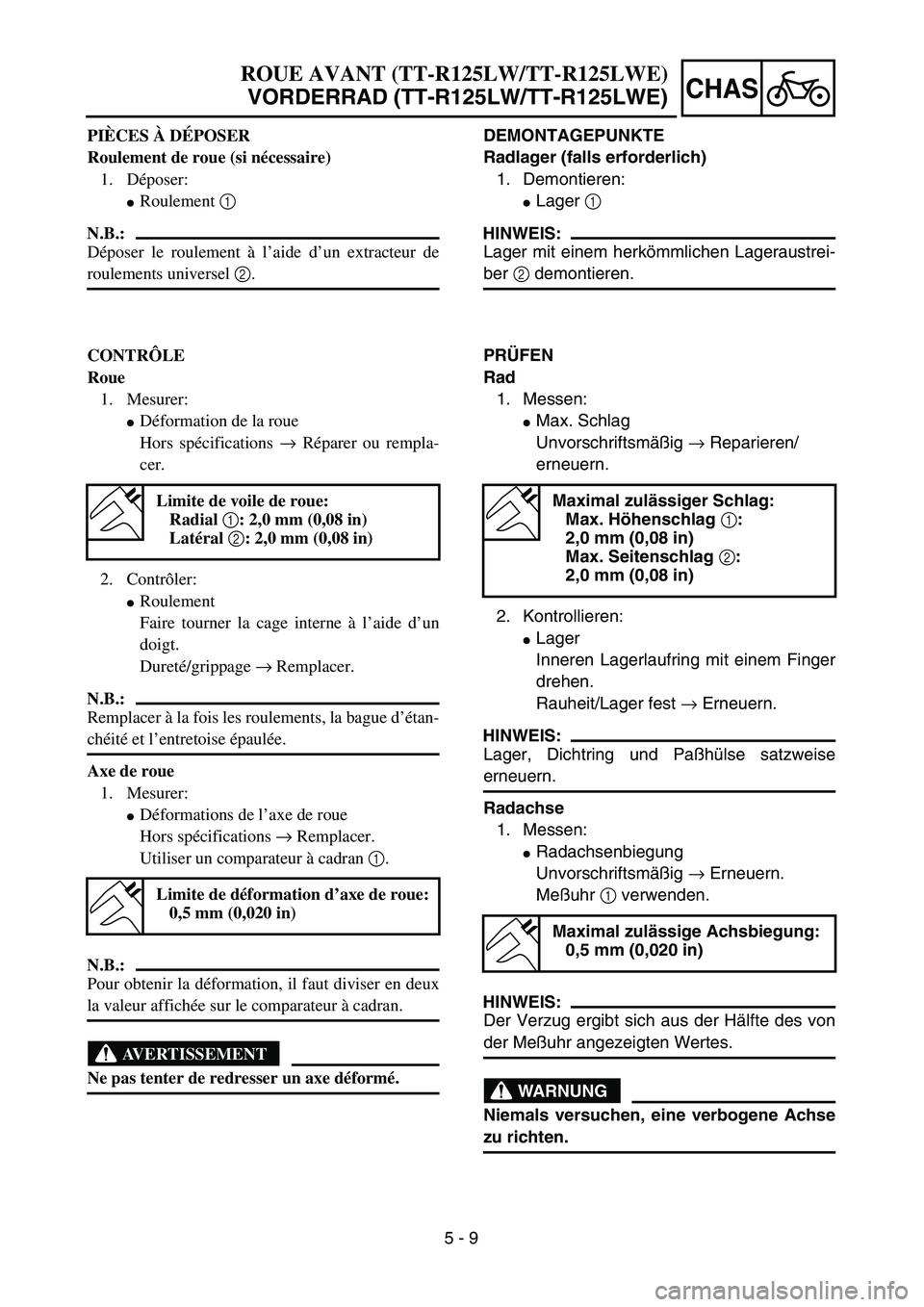 YAMAHA TTR125 2004  Notices Demploi (in French) 5 - 9
CHAS
DEMONTAGEPUNKTE
Radlager (falls erforderlich)
1. Demontieren:
Lager 1 
HINWEIS:
Lager mit einem herkömmlichen Lageraustrei-
ber 2 demontieren.
PRÜFEN
Rad
1. Messen:
Max. Schlag
Unvorsch