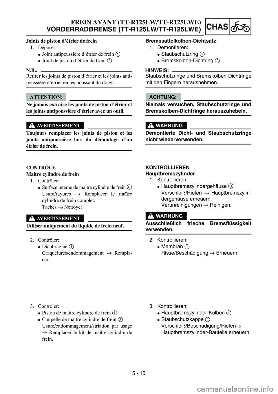 YAMAHA TTR125 2004  Notices Demploi (in French) 5 - 15
CHAS
FREIN AVANT (TT-R125LW/TT-R125LWE)
VORDERRADBREMSE (TT-R125LW/TT-R125LWE)
Bremssattelkolben-Dichtsatz
1. Demontieren:
Staubschutzring 1
Bremskolben-Dichtring 2
HINWEIS:
Staubschutzringe 