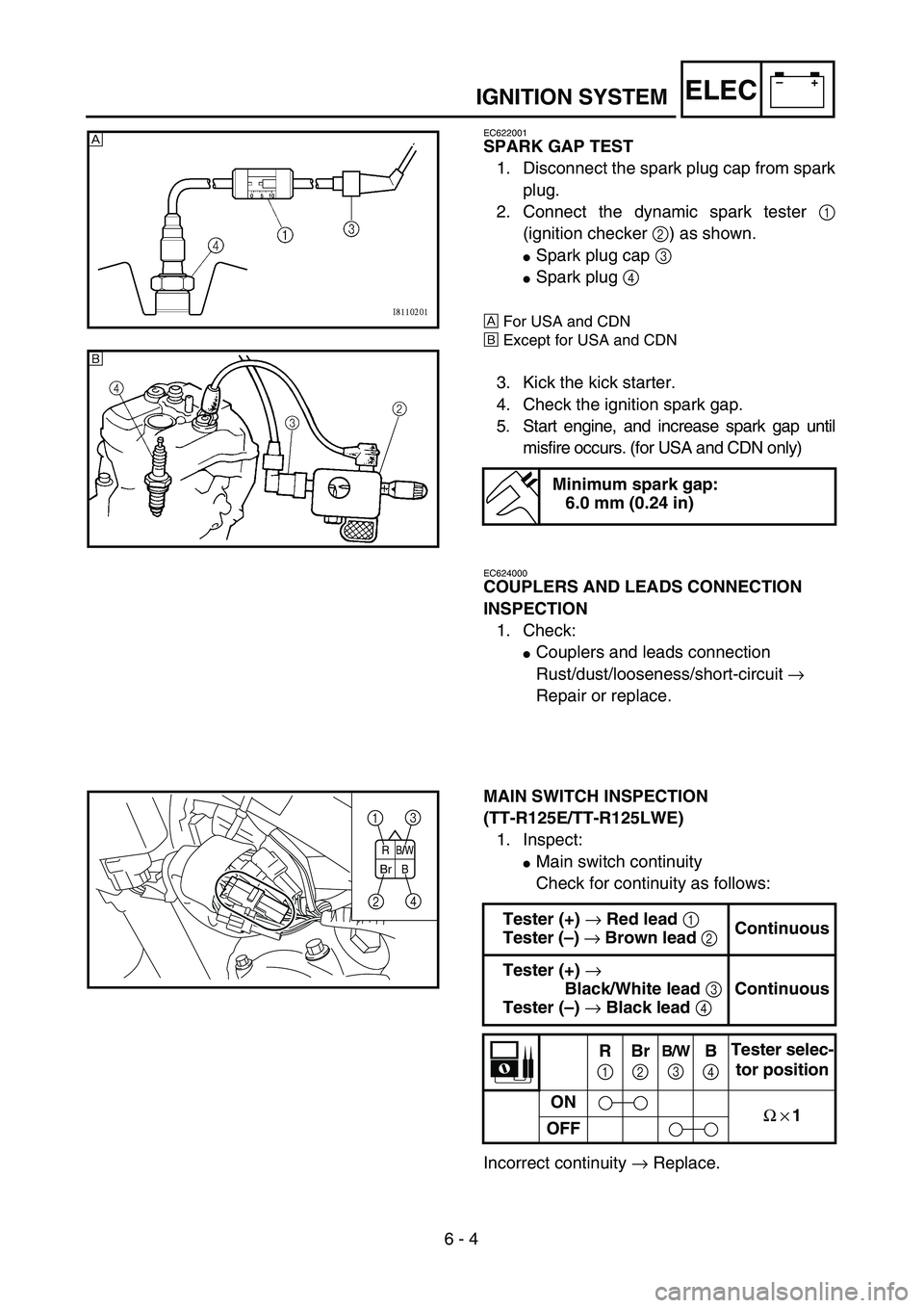 YAMAHA TTR125 2004  Notices Demploi (in French) 6 - 4
–+ELECIGNITION SYSTEM
EC622001
SPARK GAP TEST
1. Disconnect the spark plug cap from spark
plug.
2. Connect the dynamic spark tester 1
(ignition checker 2) as shown.
Spark plug cap 3 
Spark p