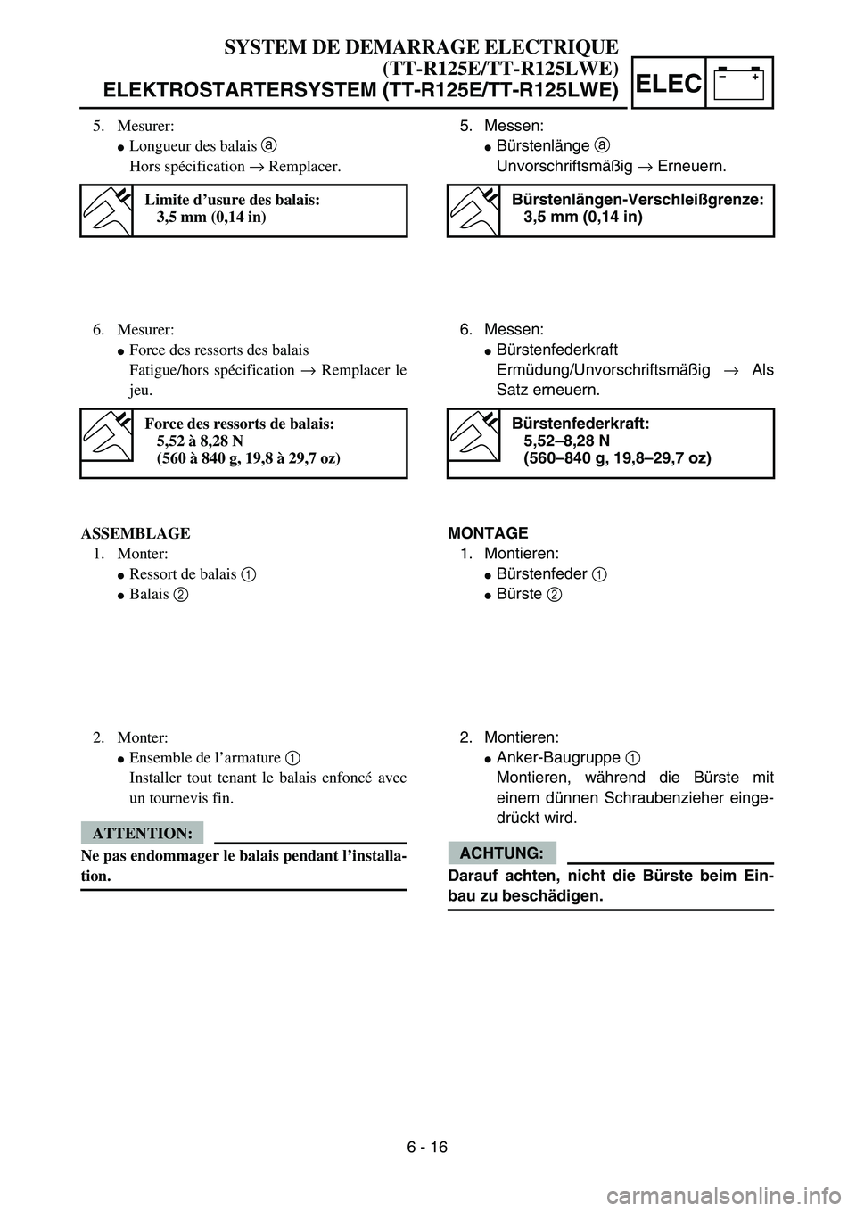YAMAHA TTR125 2004  Notices Demploi (in French) –+ELEC
5. Messen:
Bürstenlänge a 
Unvorschriftsmäßig → Erneuern.
Bürstenlängen-Verschleißgrenze:
3,5 mm (0,14 in)
6. Messen:
Bürstenfederkraft
Ermüdung/Unvorschriftsmäßig → Als
Satz
