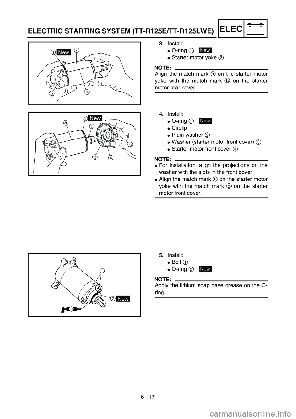 YAMAHA TTR125 2004  Notices Demploi (in French) 6 - 17
–+ELEC
3. Install:
O-ring 1 
Starter motor yoke 2 
NOTE:
Align the match mark a on the starter motor
yoke with the match mark b on the starter
motor rear cover.
12
a
bNewNew
4. Install:
O-