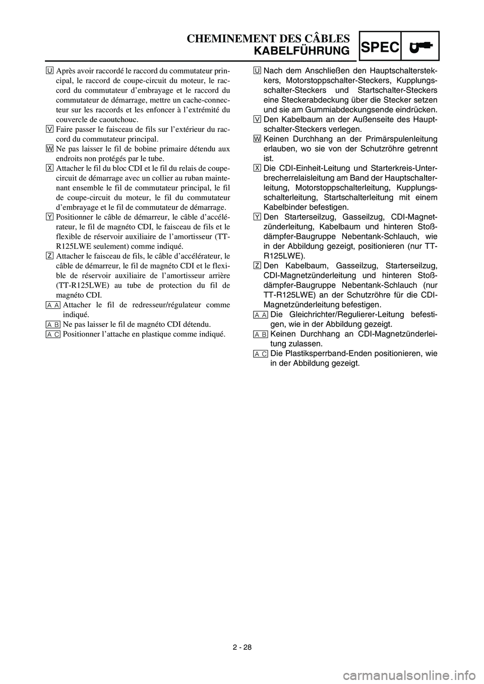 YAMAHA TTR125 2003 Owners Manual SPEC
CHEMINEMENT DES CÂBLES
KABELFÜHRUNG
ËNach dem Anschließen den Hauptschalterstek-
kers, Motorstoppschalter-Steckers, Kupplungs-
schalter-Steckers und Startschalter-Steckers
eine Steckerabdecku YAMAHA TTR125 2003 Owners Manual SPEC
CHEMINEMENT DES CÂBLES
KABELFÜHRUNG
ËNach dem Anschließen den Hauptschalterstek-
kers, Motorstoppschalter-Steckers, Kupplungs-
schalter-Steckers und Startschalter-Steckers
eine Steckerabdecku