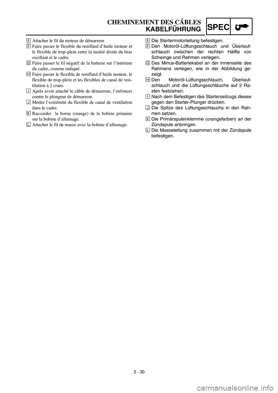 YAMAHA TTR125 2003 Owners Manual SPEC
CHEMINEMENT DES CÂBLES
KABELFÜHRUNG
‰Die Startermotorleitung befestigen.
ÏDen Motoröl-Lüftungsschlauch und Überlauf-
schlauch zwischen der rechten Hälfte von
Schwinge und Rahmen verlegen YAMAHA TTR125 2003 Owners Manual SPEC
CHEMINEMENT DES CÂBLES
KABELFÜHRUNG
‰Die Startermotorleitung befestigen.
ÏDen Motoröl-Lüftungsschlauch und Überlauf-
schlauch zwischen der rechten Hälfte von
Schwinge und Rahmen verlegen