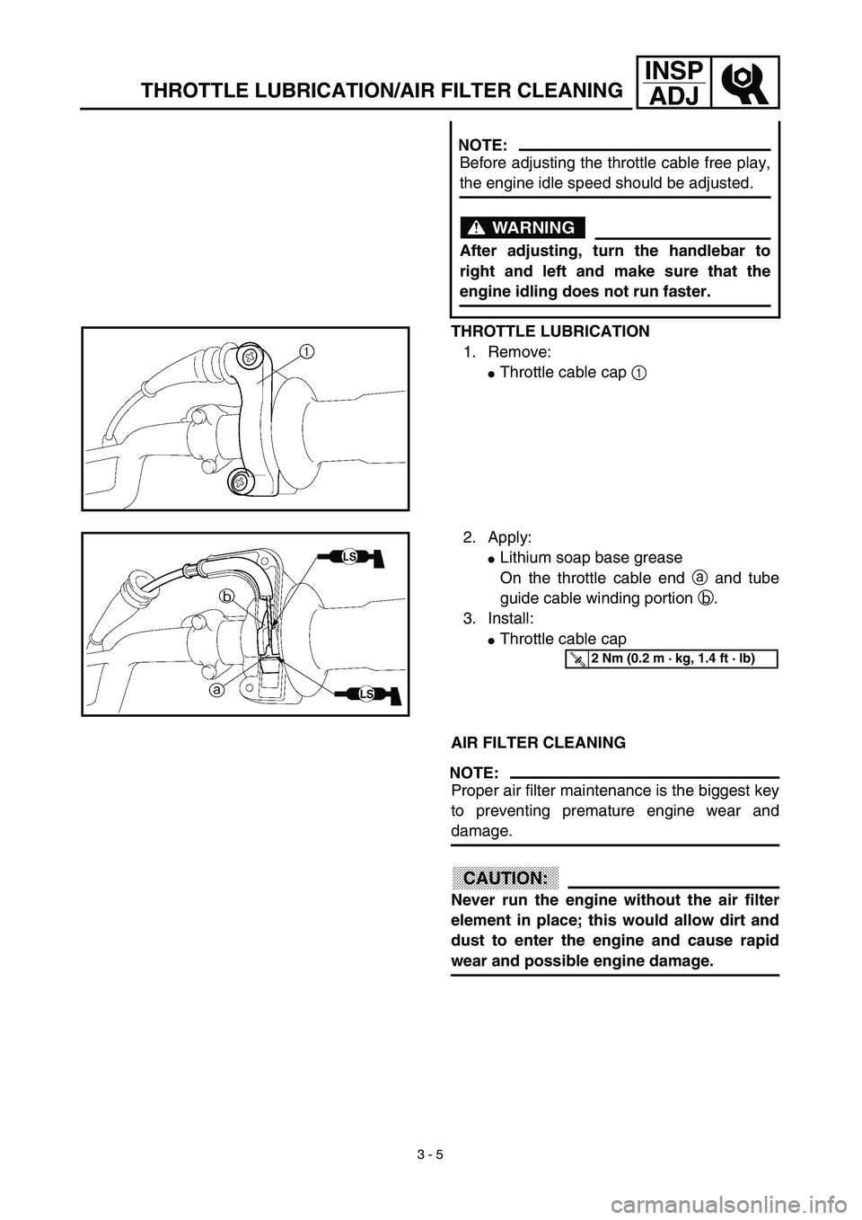YAMAHA TTR125 2003  Owners Manual  
3 - 5
INSP
ADJ
 
THROTTLE LUBRICATION/AIR FILTER CLEANING 
THROTTLE LUBRICATION 
1. Remove: 
 
Throttle cable cap  
1 
 
NOTE:
 
Before adjusting the throttle cable free play, 
the engine idle spee