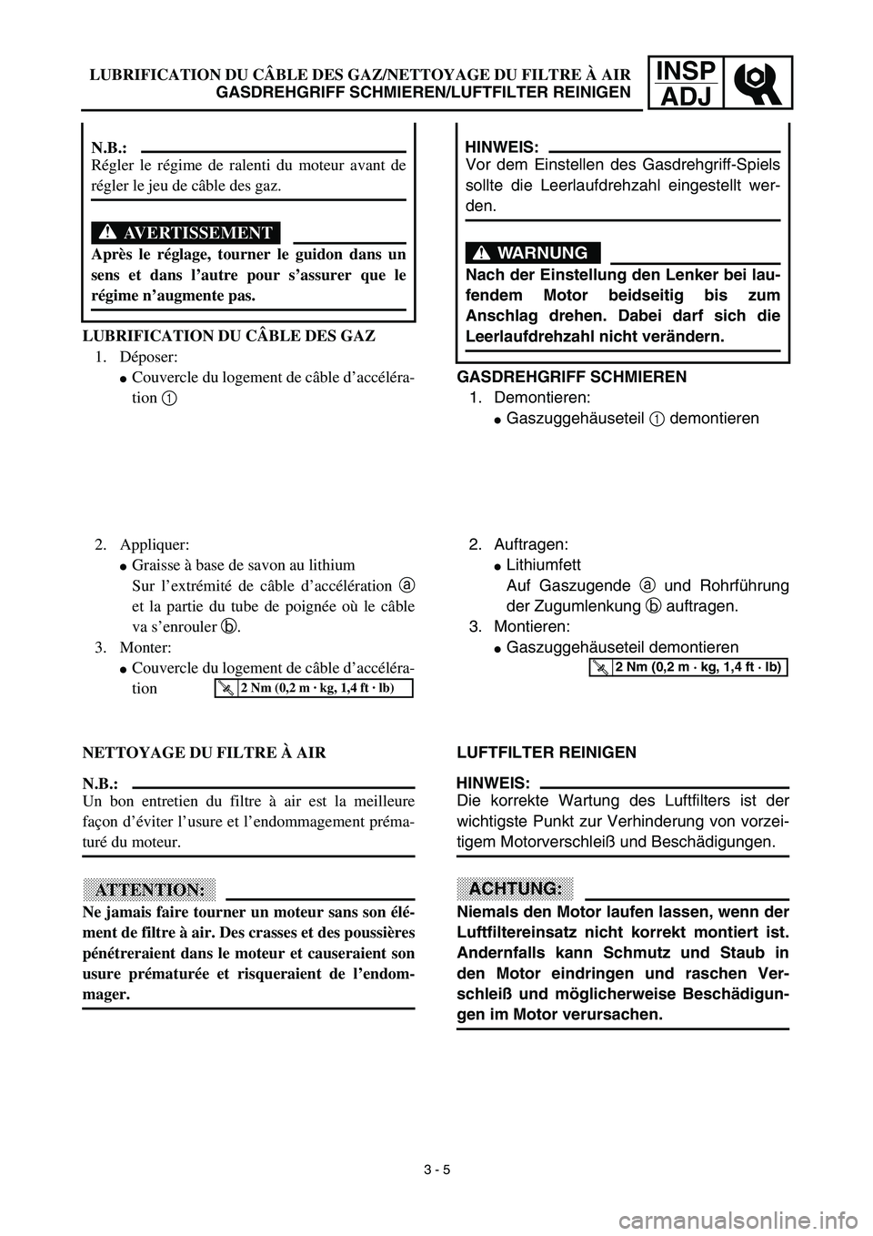 YAMAHA TTR125 2003  Owners Manual INSP
ADJLUBRIFICATION DU CÂBLE DES GAZ/NETTOYAGE DU FILTRE À AIR
GASDREHGRIFF SCHMIEREN/LUFTFILTER REINIGEN
GASDREHGRIFF SCHMIEREN
1. Demontieren:
Gaszuggehäuseteil 1 demontieren
HINWEIS:
Vor dem 